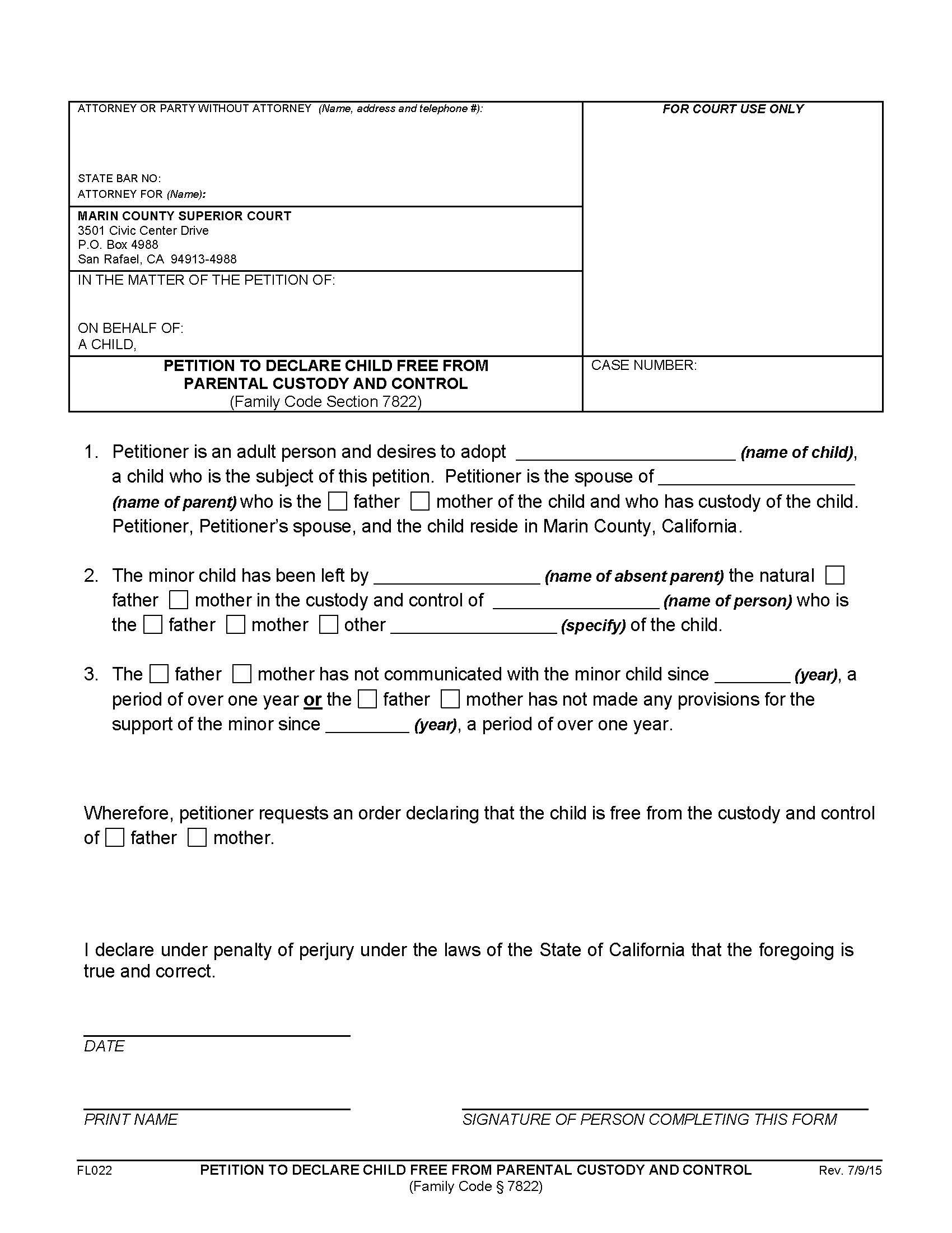 Petition To Declare Child Free From Parental Custody And Control {FL022} | Pdf Fpdf Doc Docx | California
