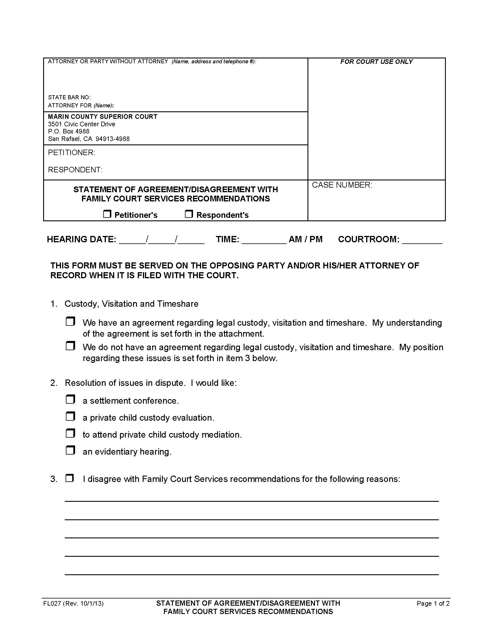 Statement Of Agreement-Disagreement With Family Court Services Recommendations {FL027} | Pdf Fpdf Doc Docx | California