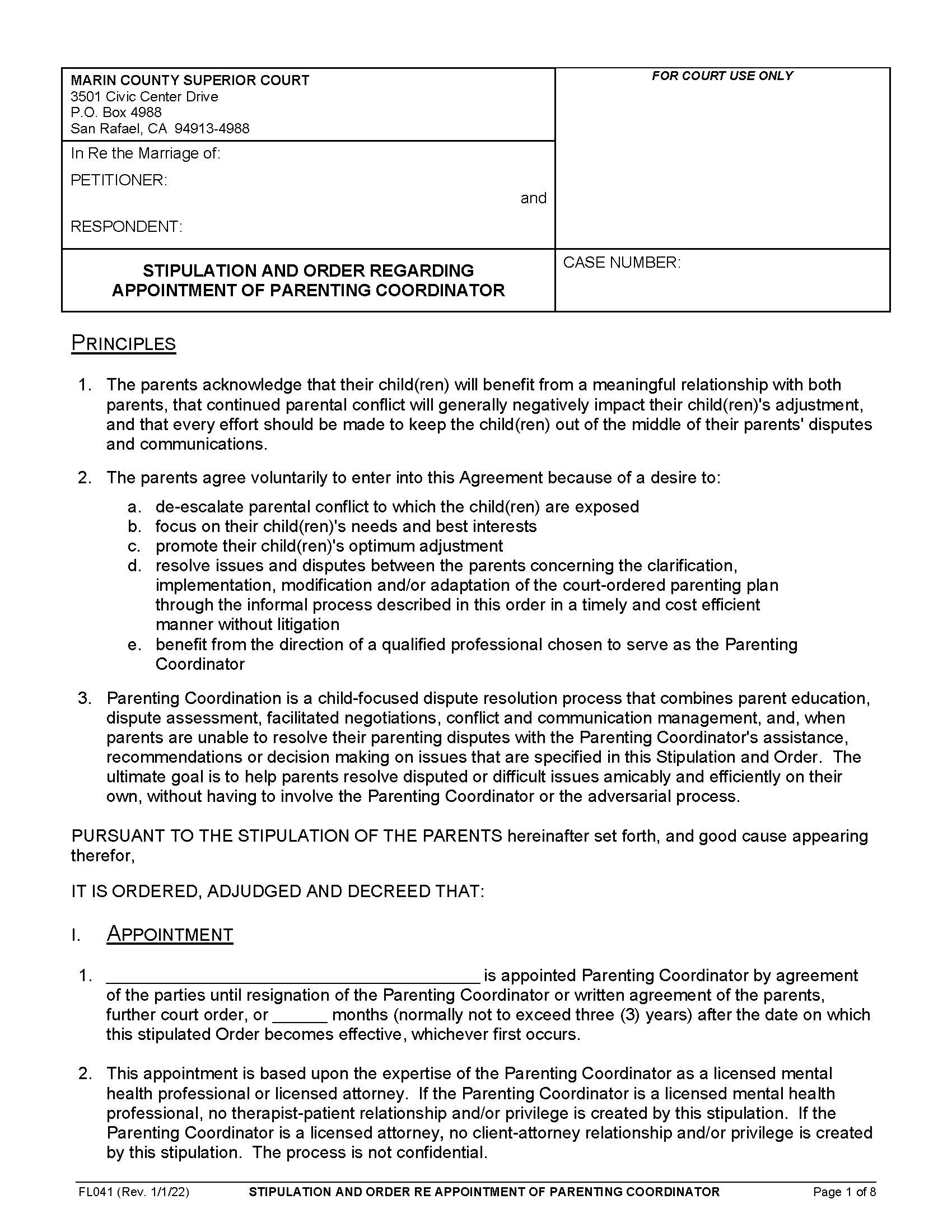 Stipulation And Order Re Appointment Of Parenting Coordinator {FL041} | Pdf Fpdf Doc Docx | California