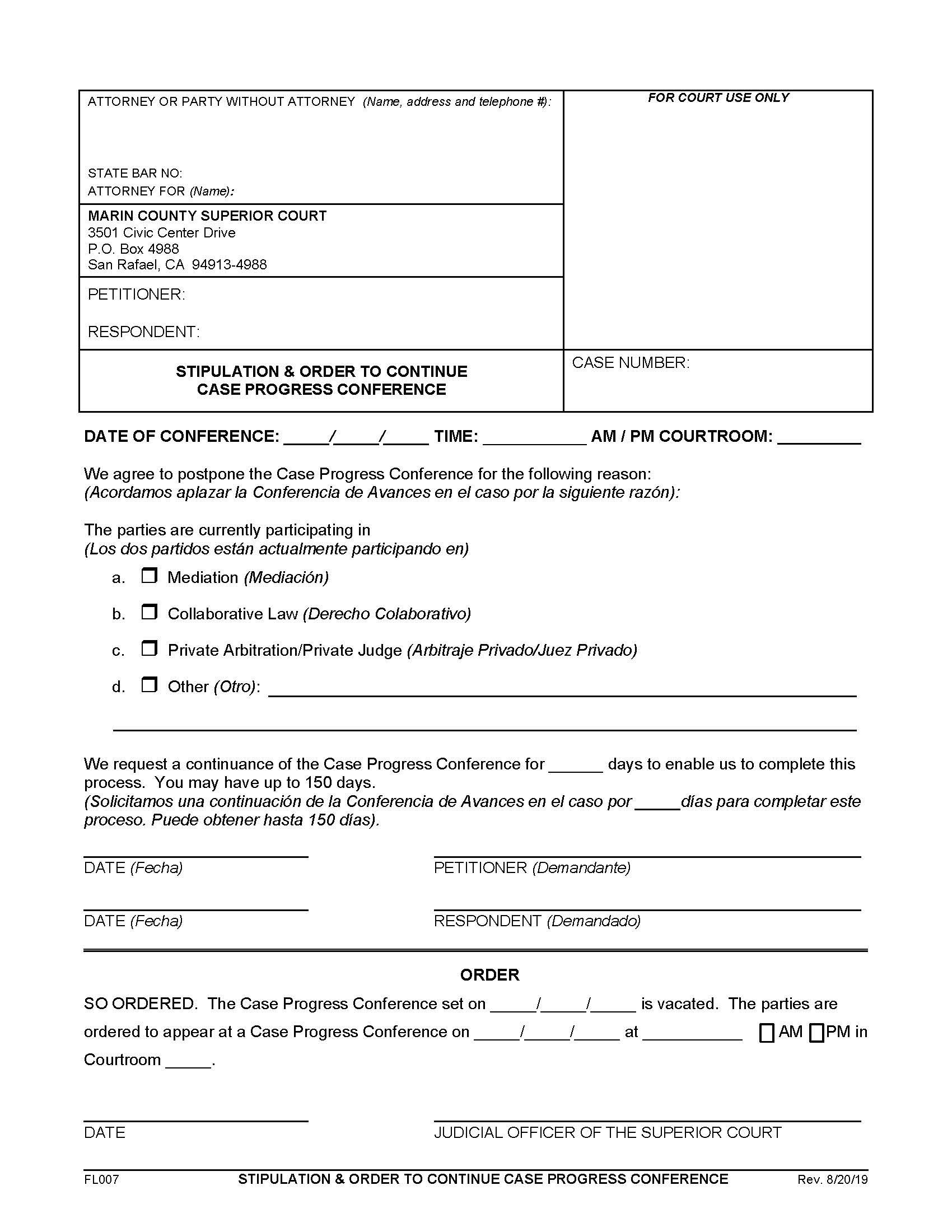 Stipulation And Order To Continue Case Progress Conference (Family Law) {FL007} | Pdf Fpdf Doc Docx | California