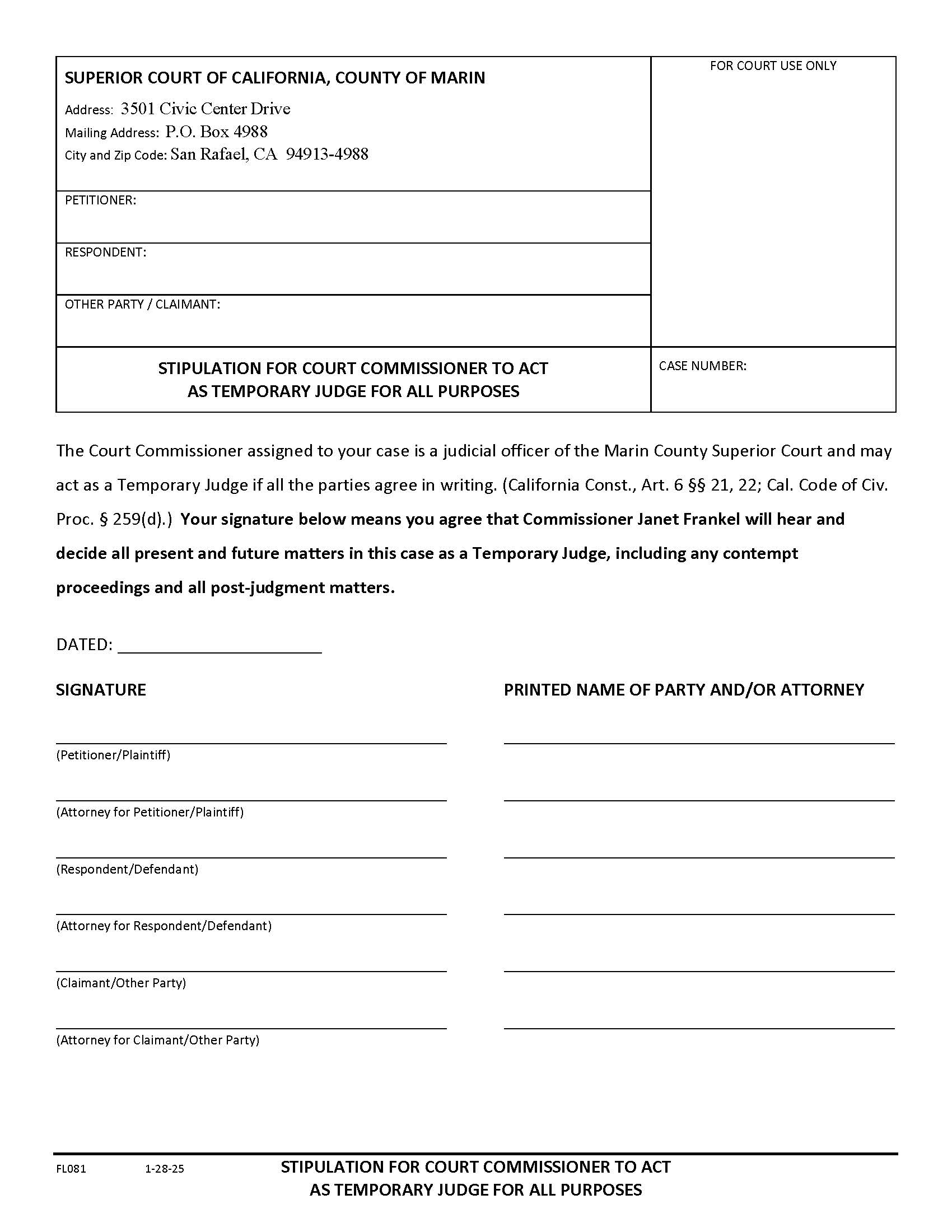 Stipulation For Court Commissioner To Act As Temporary Judge For All Purposes {FL081} | Pdf Fpdf Docx | California