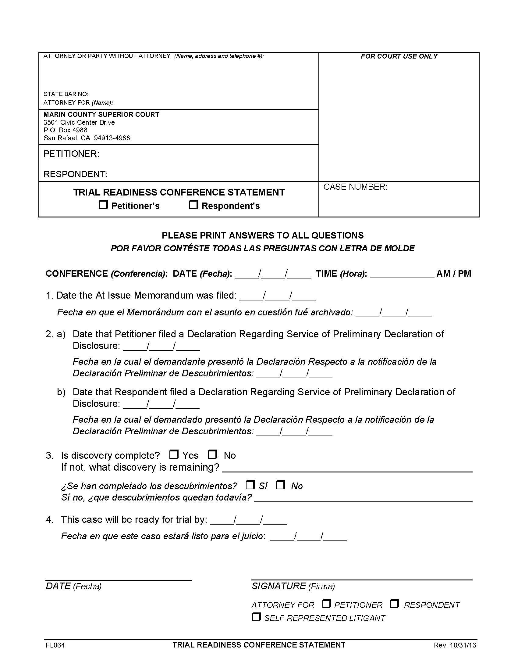 Trial Readiness Conference Statement {FL064} | Pdf Fpdf Doc Docx | California