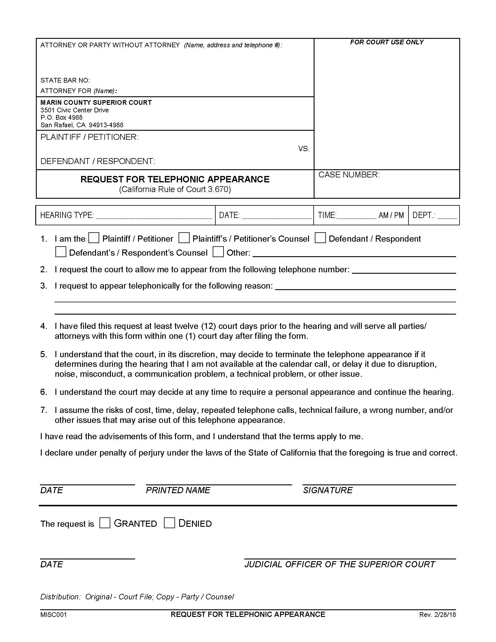 Request For Telephonic Appearance {MISC001} | Pdf Fpdf Docx | California