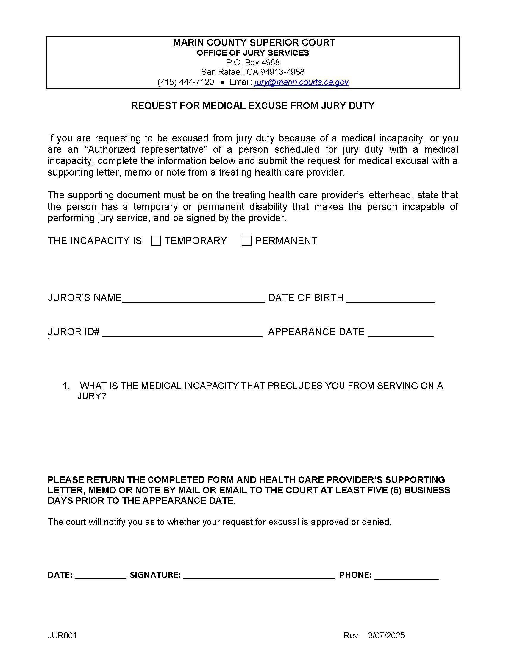 Request For Medical Excuse From Jury Duty {JUR001} | Pdf Fpdf Docx | California