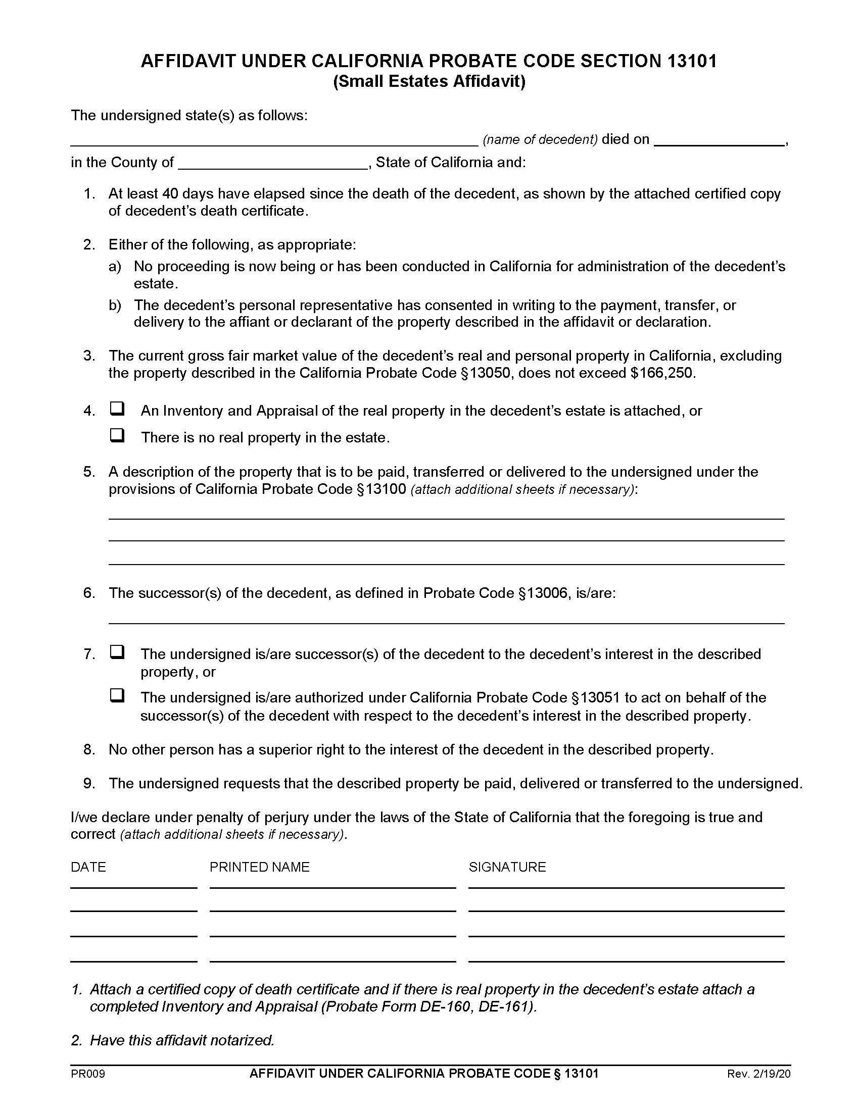 Affidavit Under California Probate Code 13101 {PR009} | Pdf Fpdf Doc Docx | California