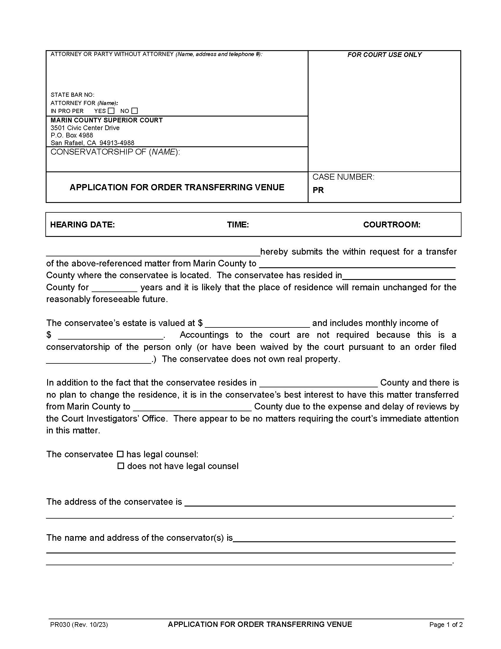 Application For Order Transferring Venue {PR030} | Pdf Fpdf Doc Docx | California
