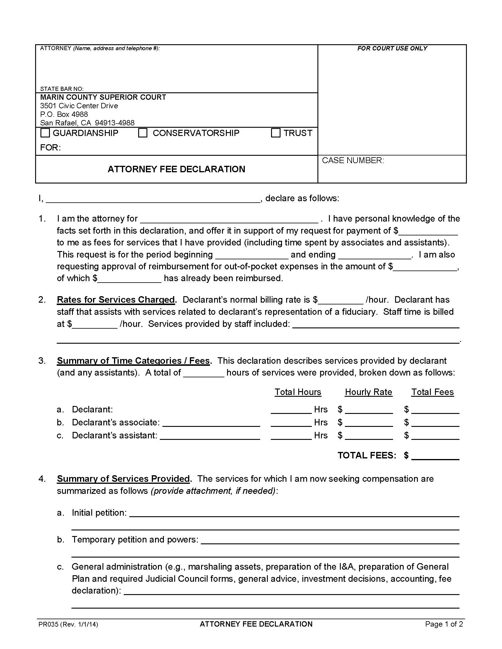 Attorney Fee Declaration {PR035} | Pdf Fpdf Doc Docx | California