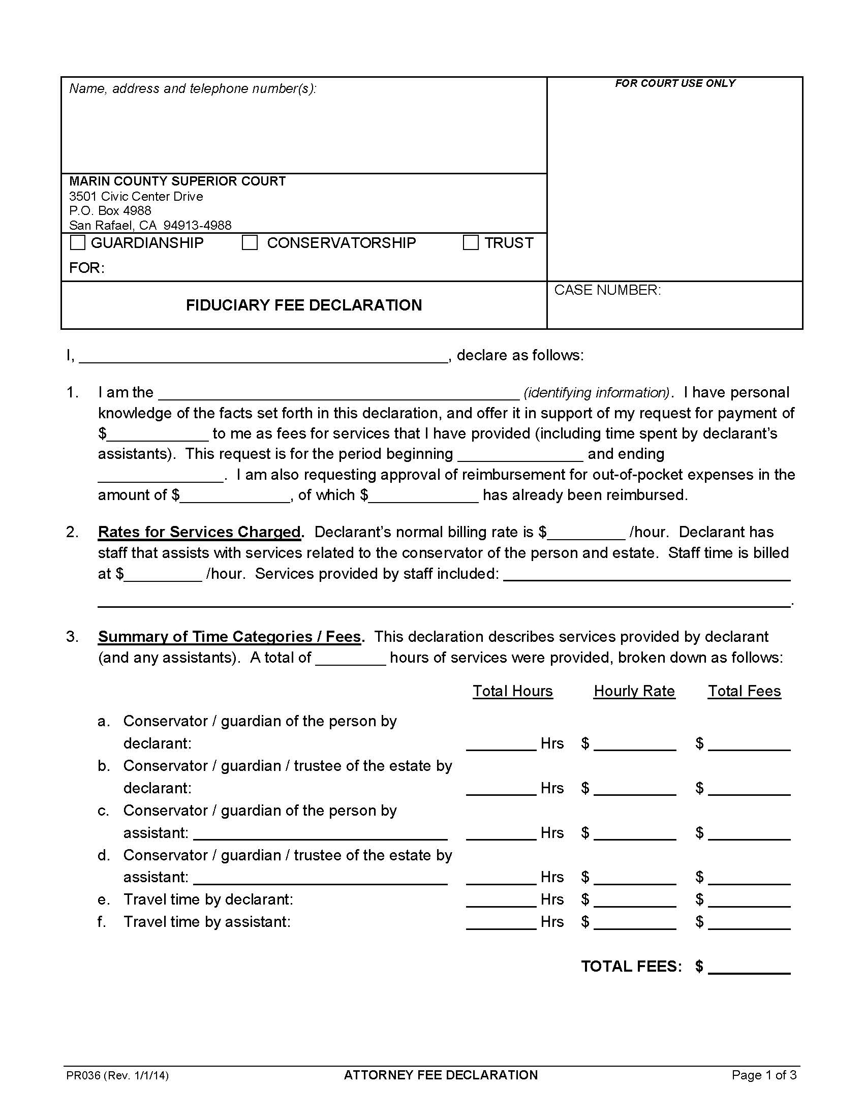 Fiduciary Fee Declaration {PR036} | Pdf Fpdf Doc Docx | California