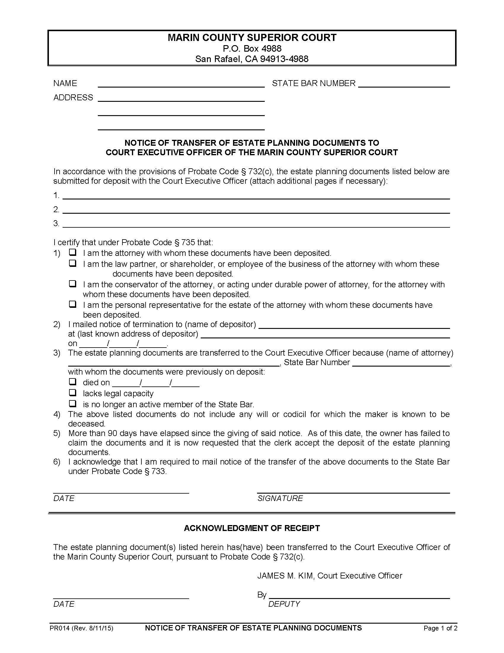Notice Of Transfer Of Estate Planning Documents To Court Executive Officer {PR014} | Pdf Fpdf Doc Docx | California