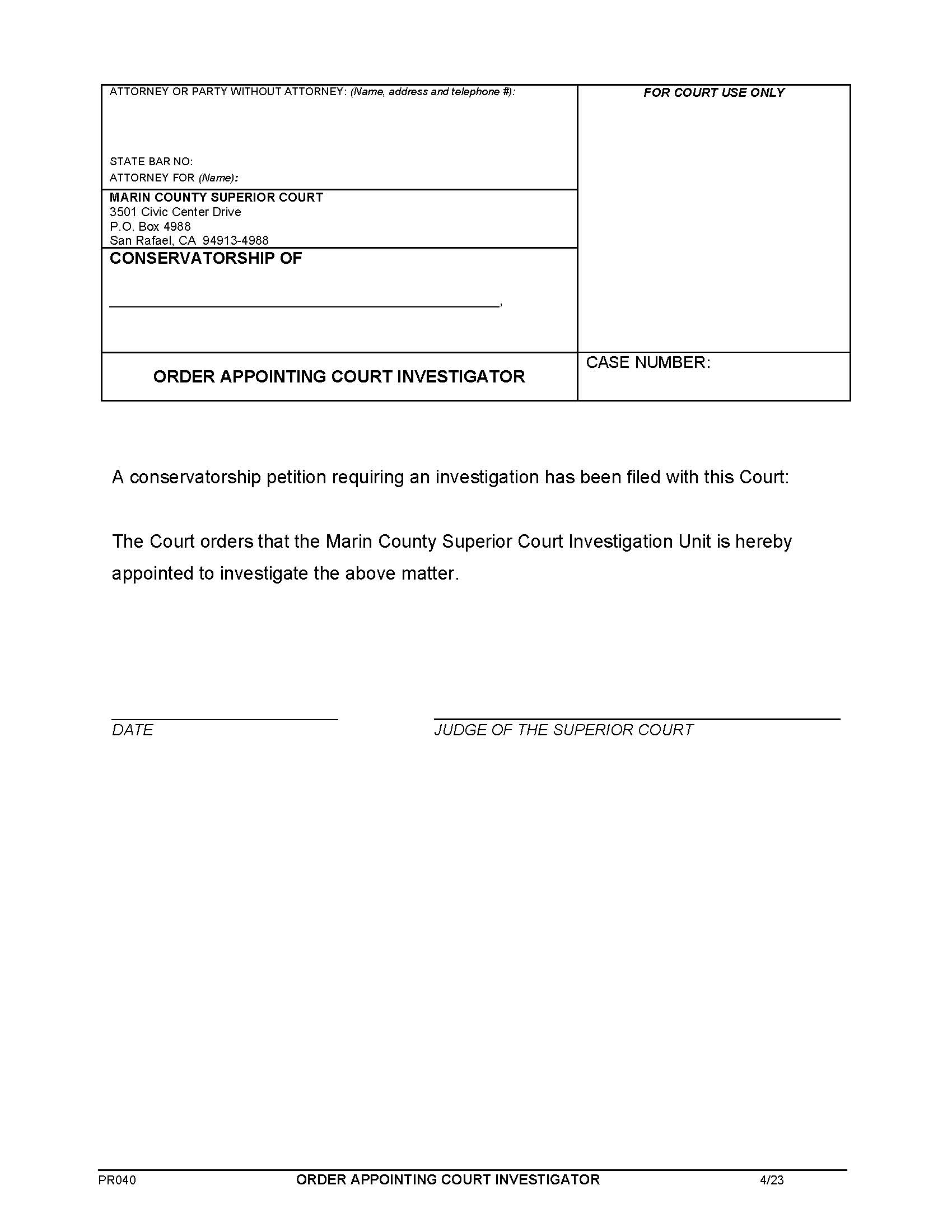 Order Appointing Court Investigator {PR040} | Pdf Fpdf Docx | California