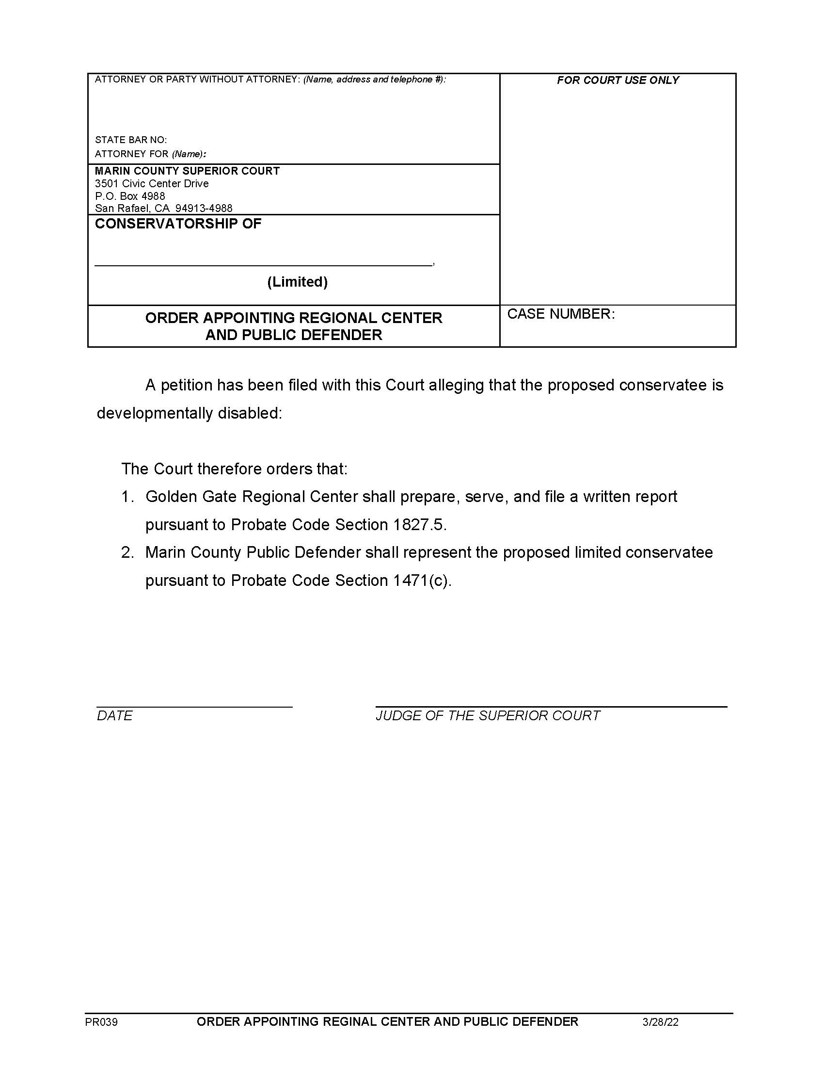 Order Appointing Regional Center And Public Defender {PR039} | Pdf Fpdf Docx | California
