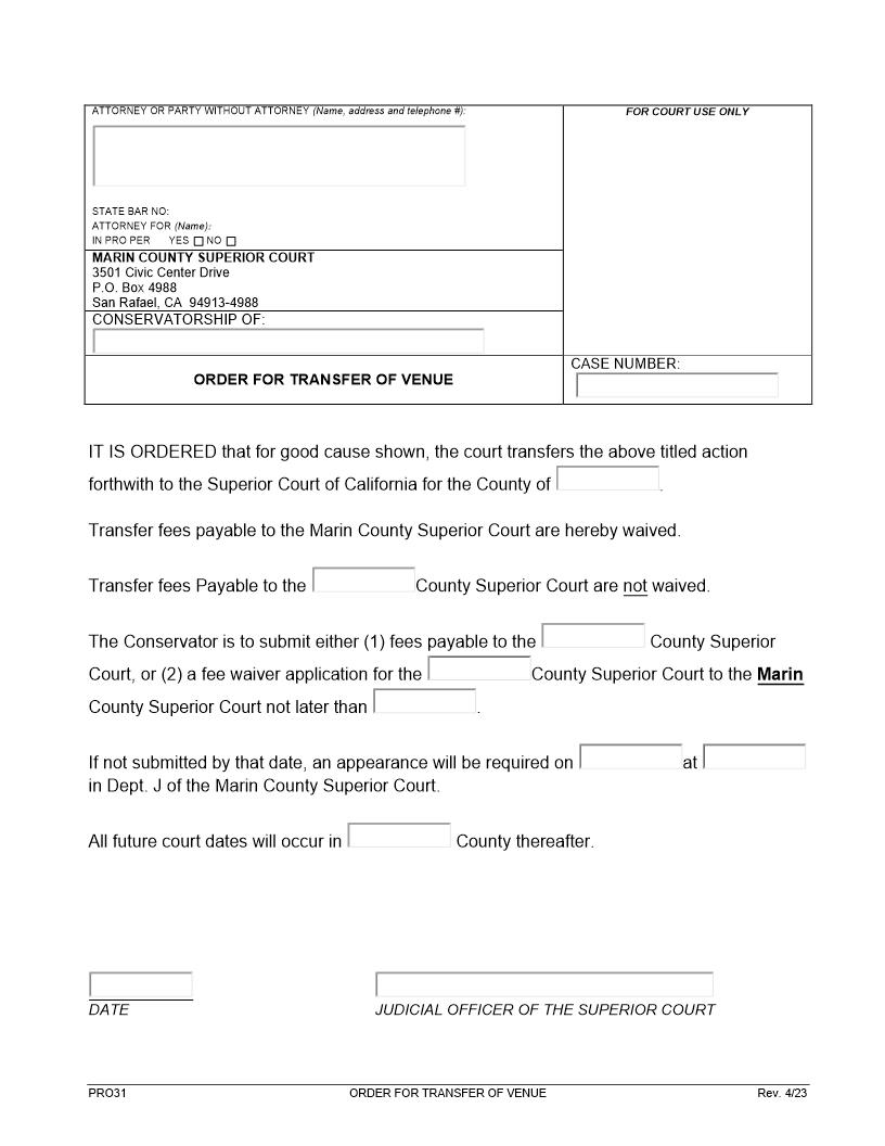 Order For Transfer Of Venue {PR031} | Pdf Fpdf Doc Docx | California