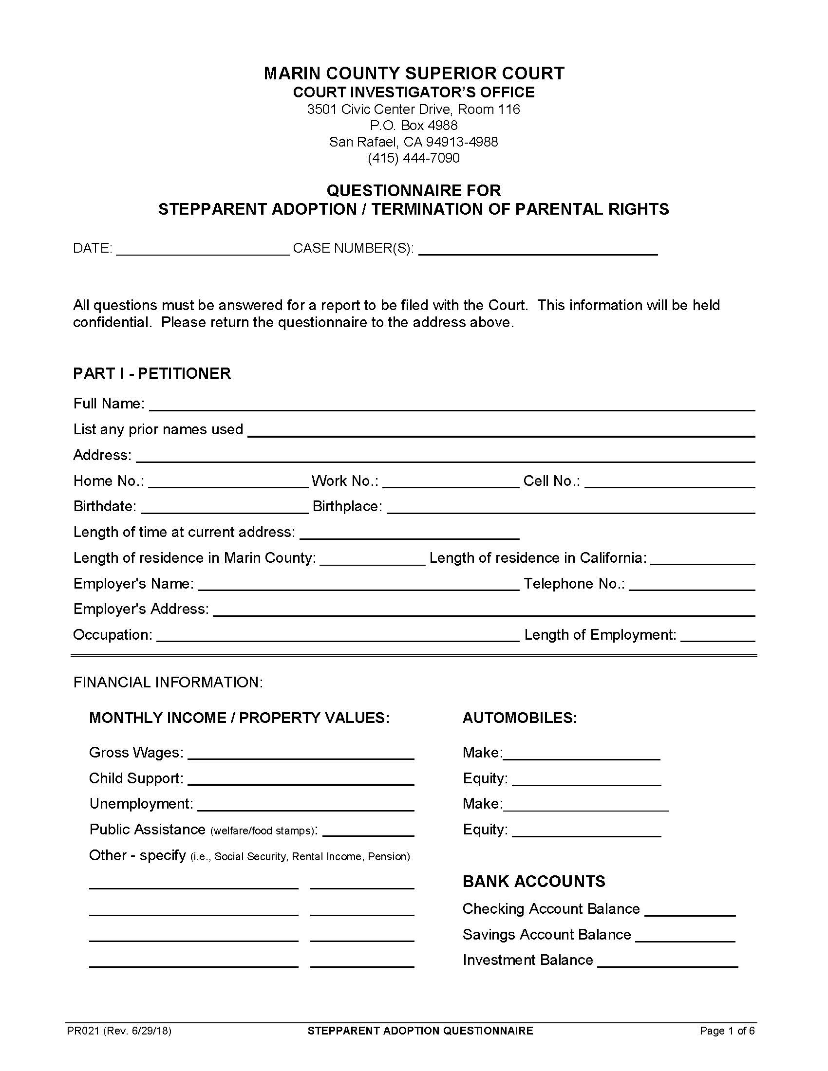 Stepparent Adoption Questionnaire {PR021} | Pdf Fpdf Doc Docx | California