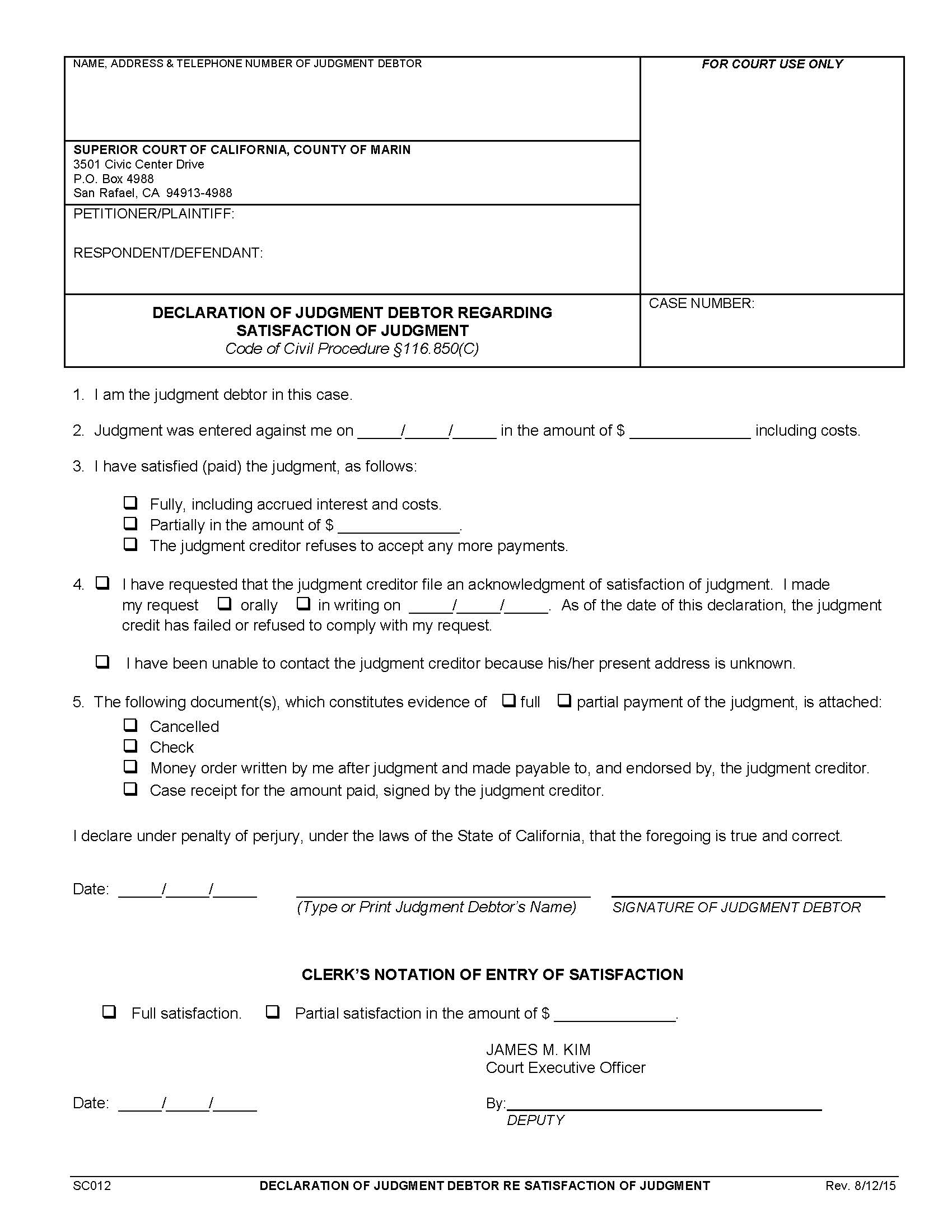 Declaration Of Judgment Debtor Re Satisfaction Of Judgment (Mandatory Form) {SC012} | Pdf Fpdf Doc Docx | California