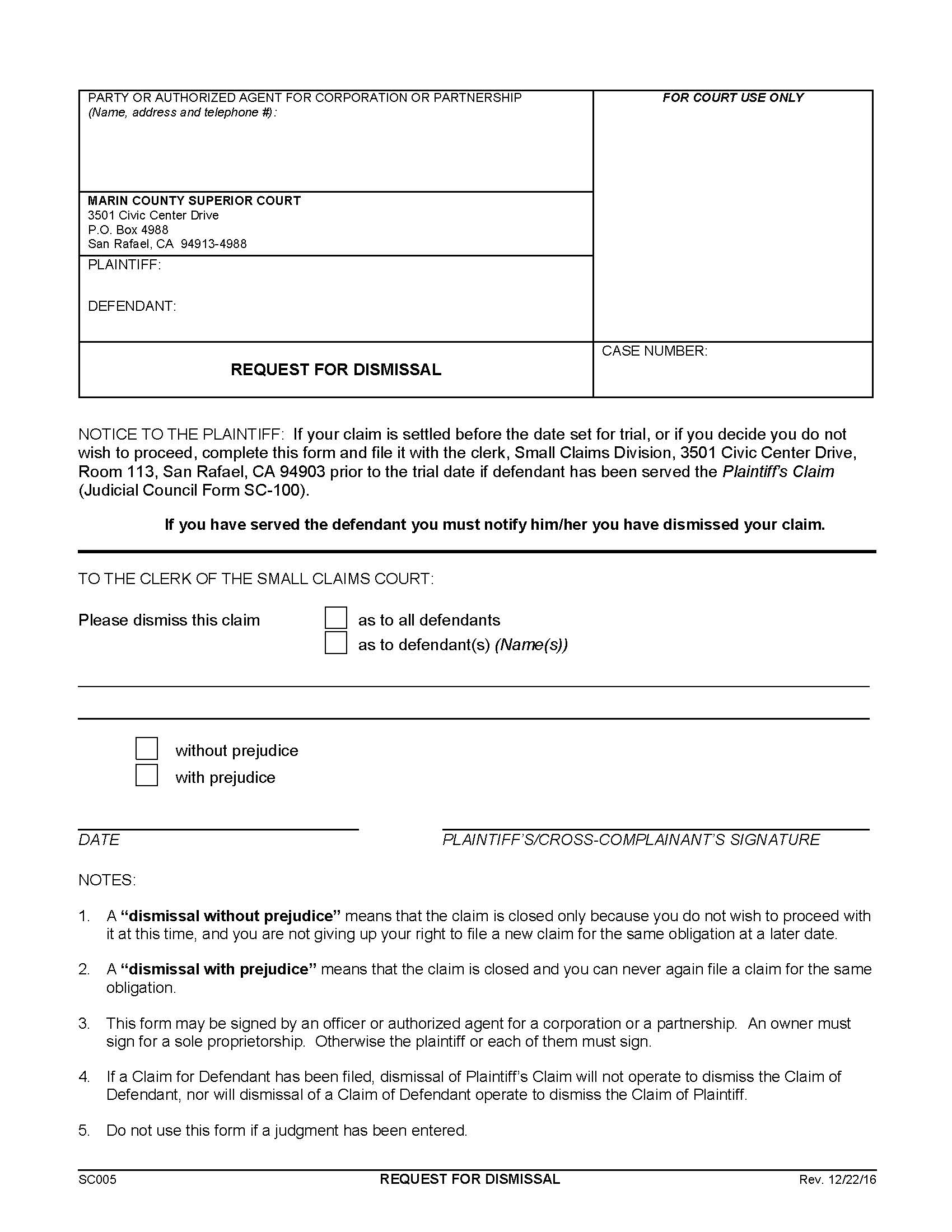 Request For Dismissal {SC005} | Pdf Fpdf Docx | California