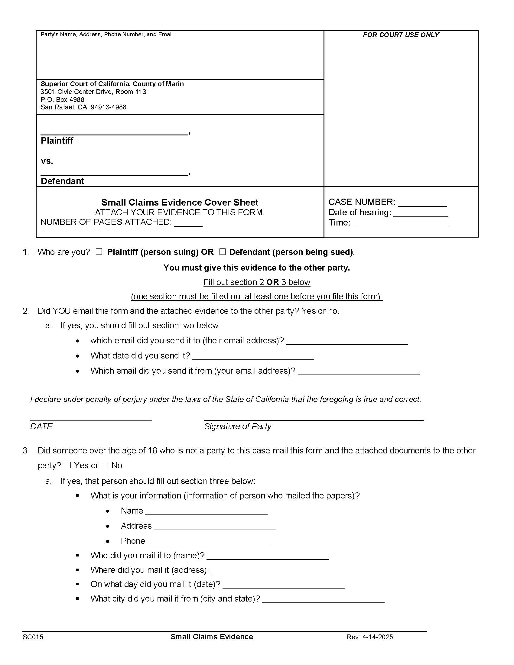 Small Claims Evidence Cover Sheet {SC015} | Pdf Fpdf Docx | California