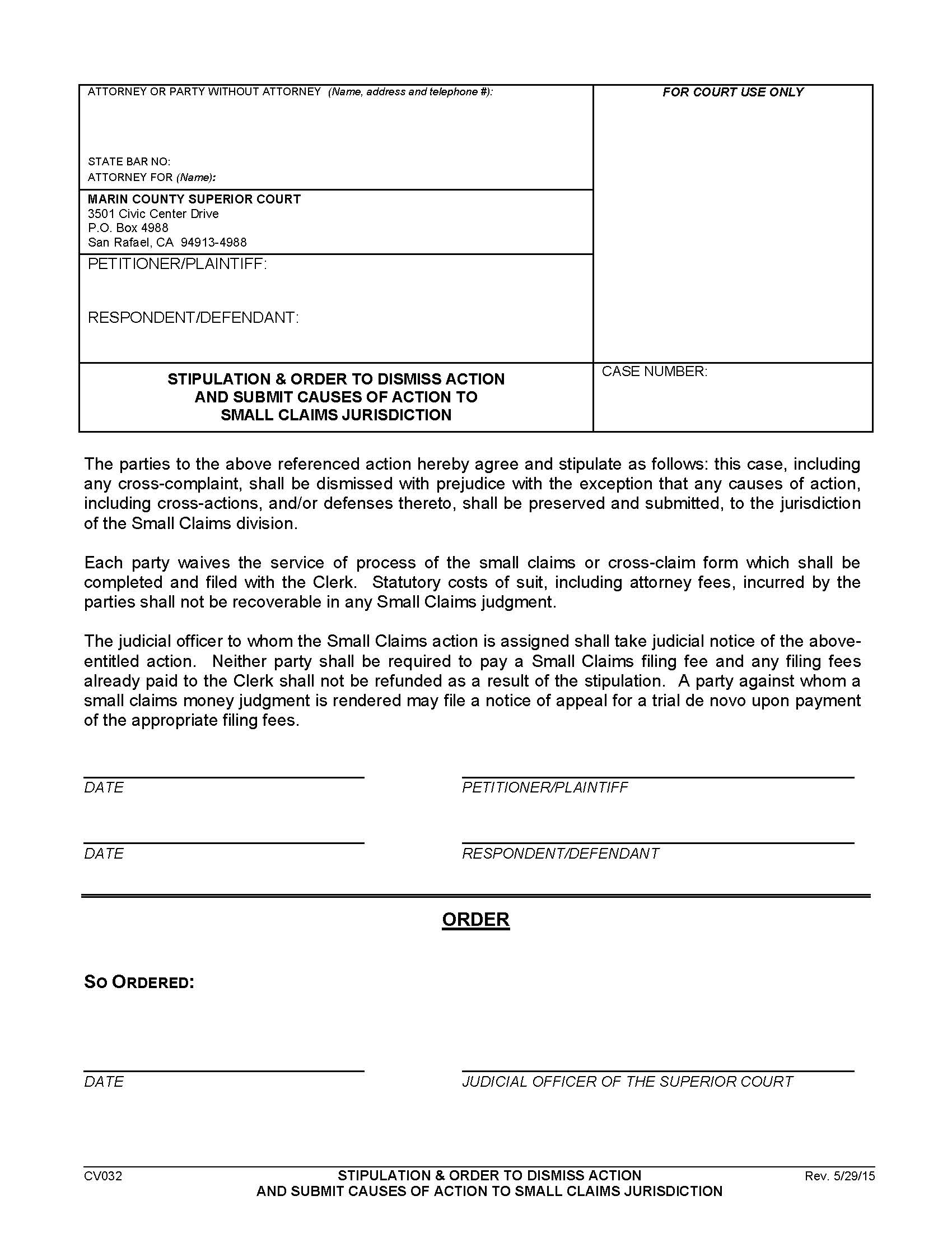 Stipulation And Order To Dismiss Action And Submit Causes Of Action {CV032} | Pdf Fpdf Doc Docx | California