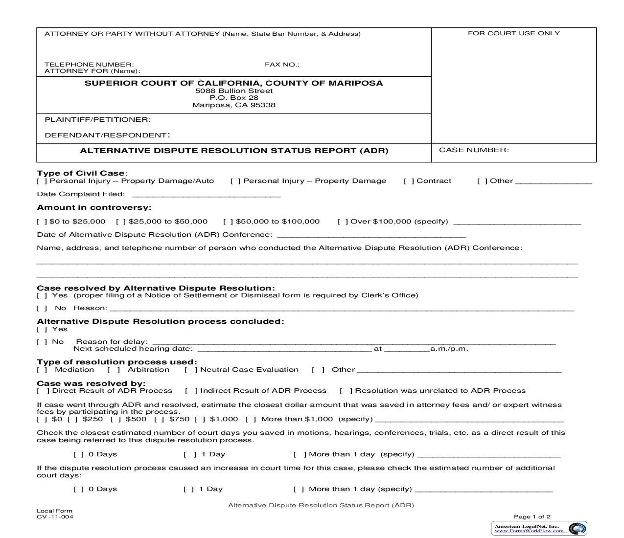 Alternative Dispute Resolution Status Report (ADR) {CV-11-004} | Pdf Fpdf Doc Docx | California