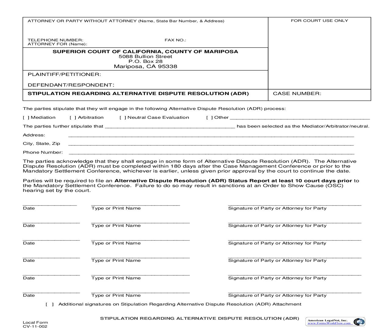 Stipulation Regarding Alternative Dispute Resolution (ADR) {CV-11-002} | Pdf Fpdf Doc Docx | California