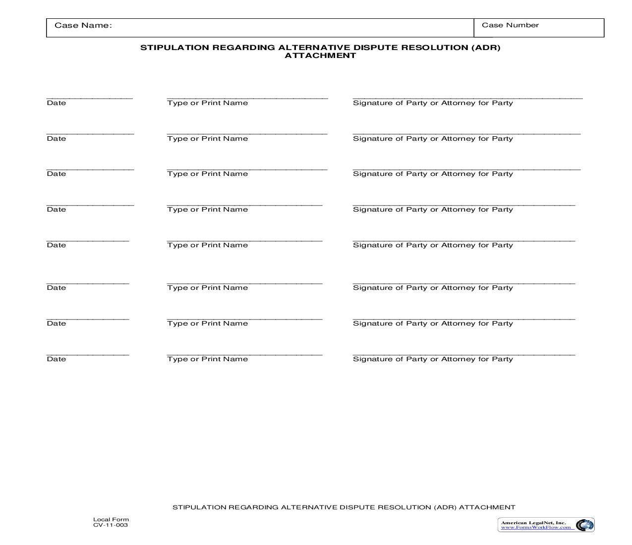 Stipulation Regarding Alternative Dispute Resolution (ADR) Attachment {CV-11-003} | Pdf Fpdf Doc Docx | California