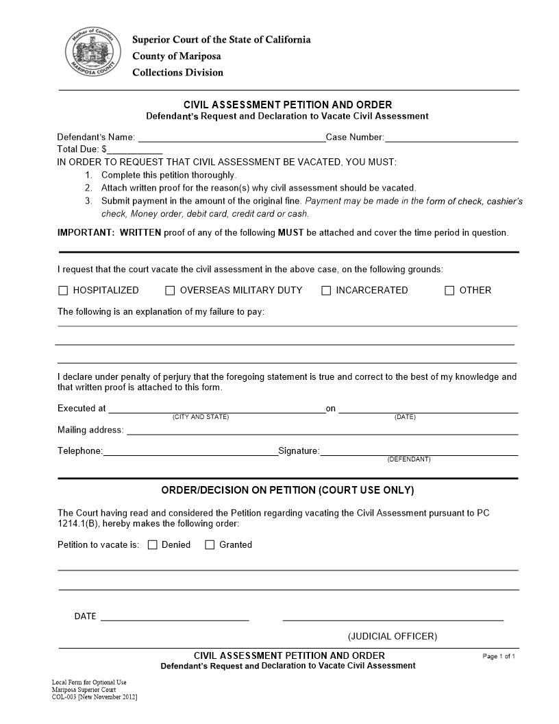 Civil Assessment Petition And Order {COL-003} | Pdf Fpdf Docx | California