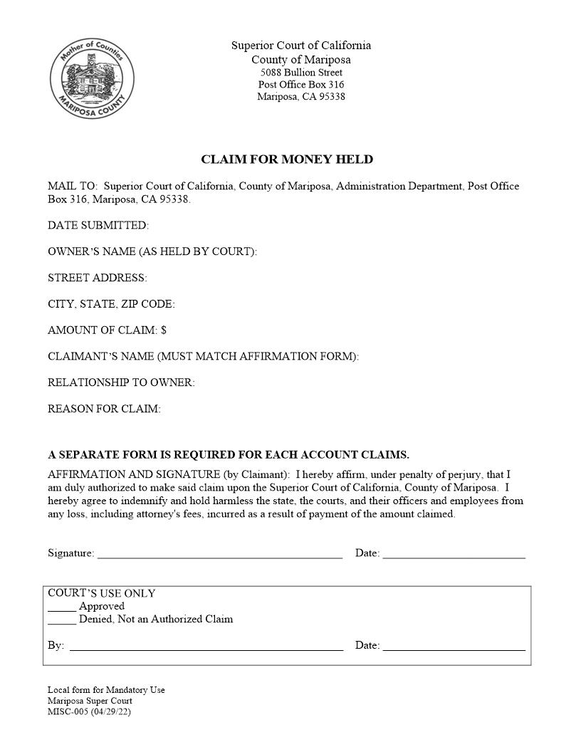 Claim For Money Held | Pdf Fpdf Docx | California