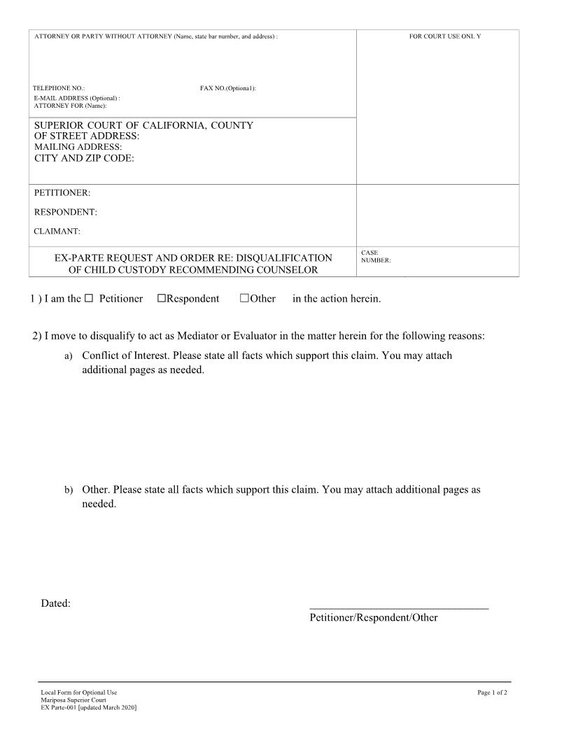 Ex-Parte Request And Order Re Disqualification Of Mediator Or Evaluator {EX PARTE-001} | Pdf Fpdf Doc Docx | California