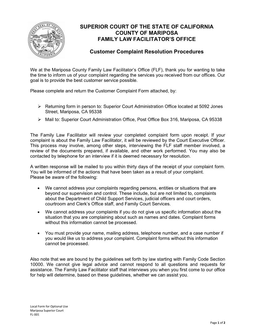 Family Law Facilitator Customer Complaint Resolution Procedures {FL-001} | Pdf Fpdf Docx | California