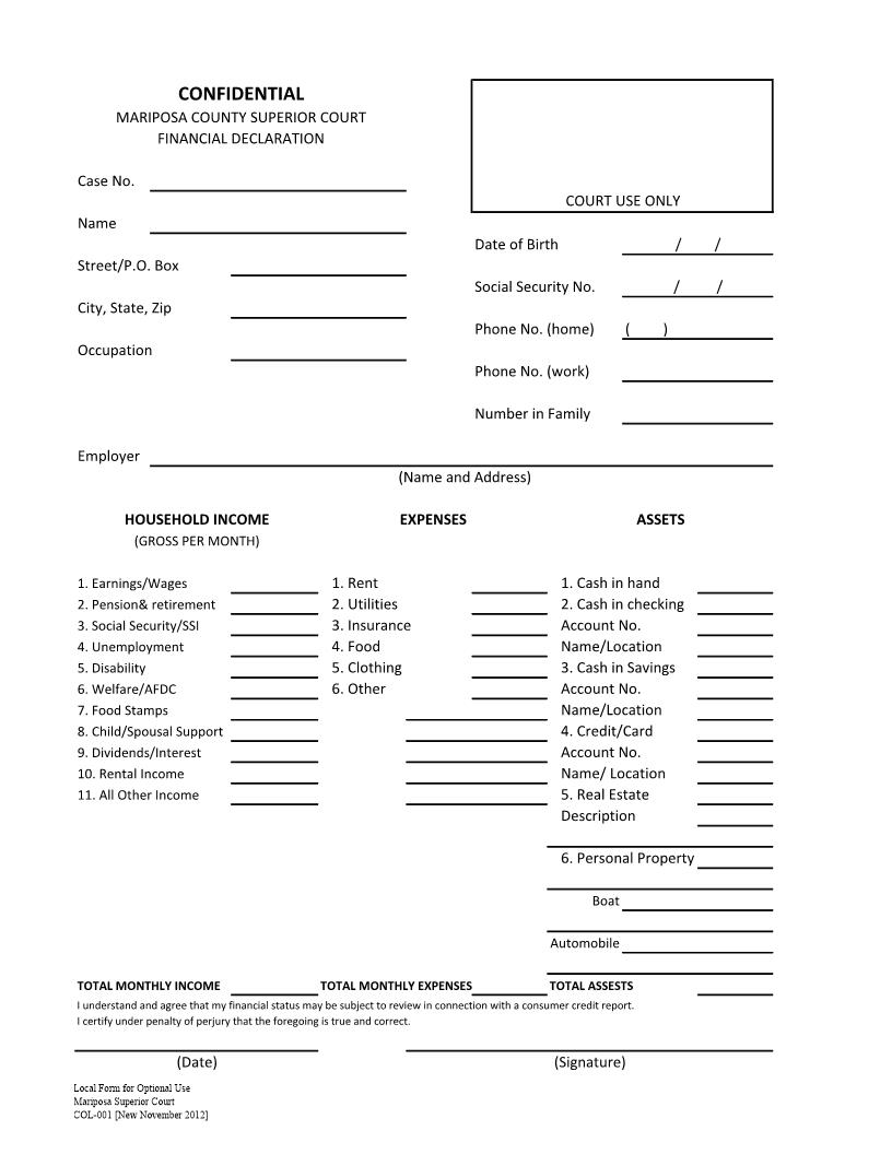 Financial Declaration {COL-001} | Pdf Fpdf Docx | California