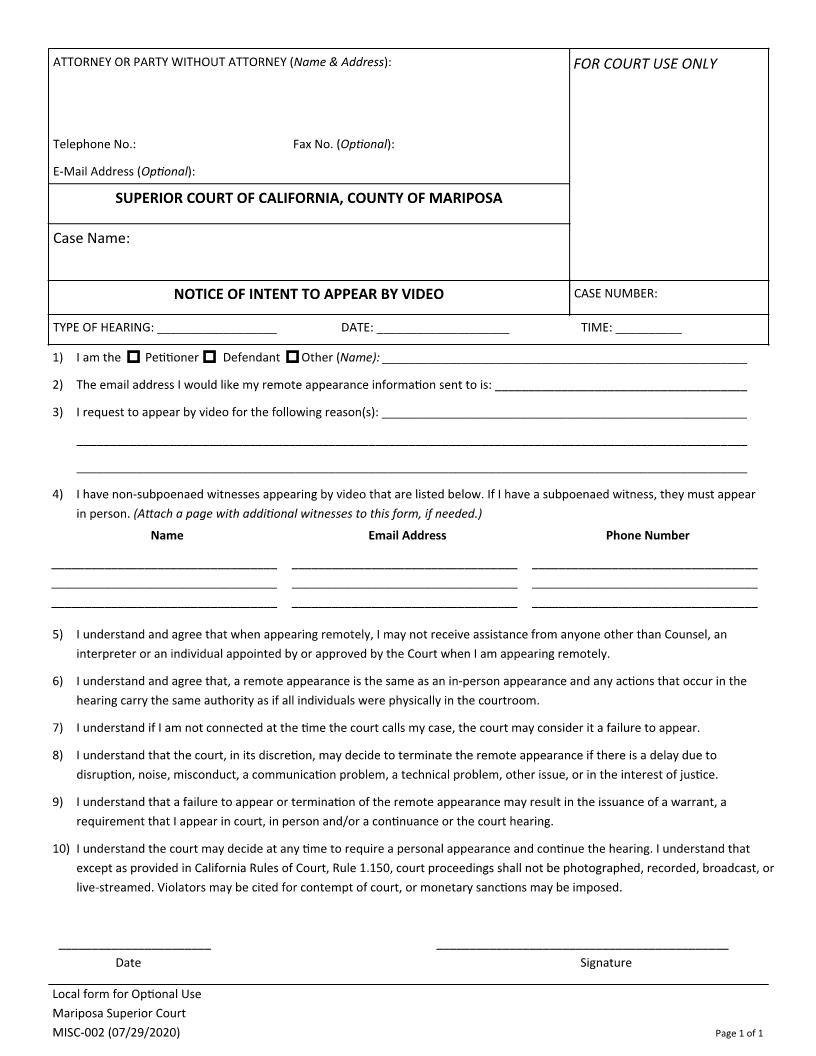 Notice Of Intent To Appear By Video {MISC-002} | Pdf Fpdf Docx | California