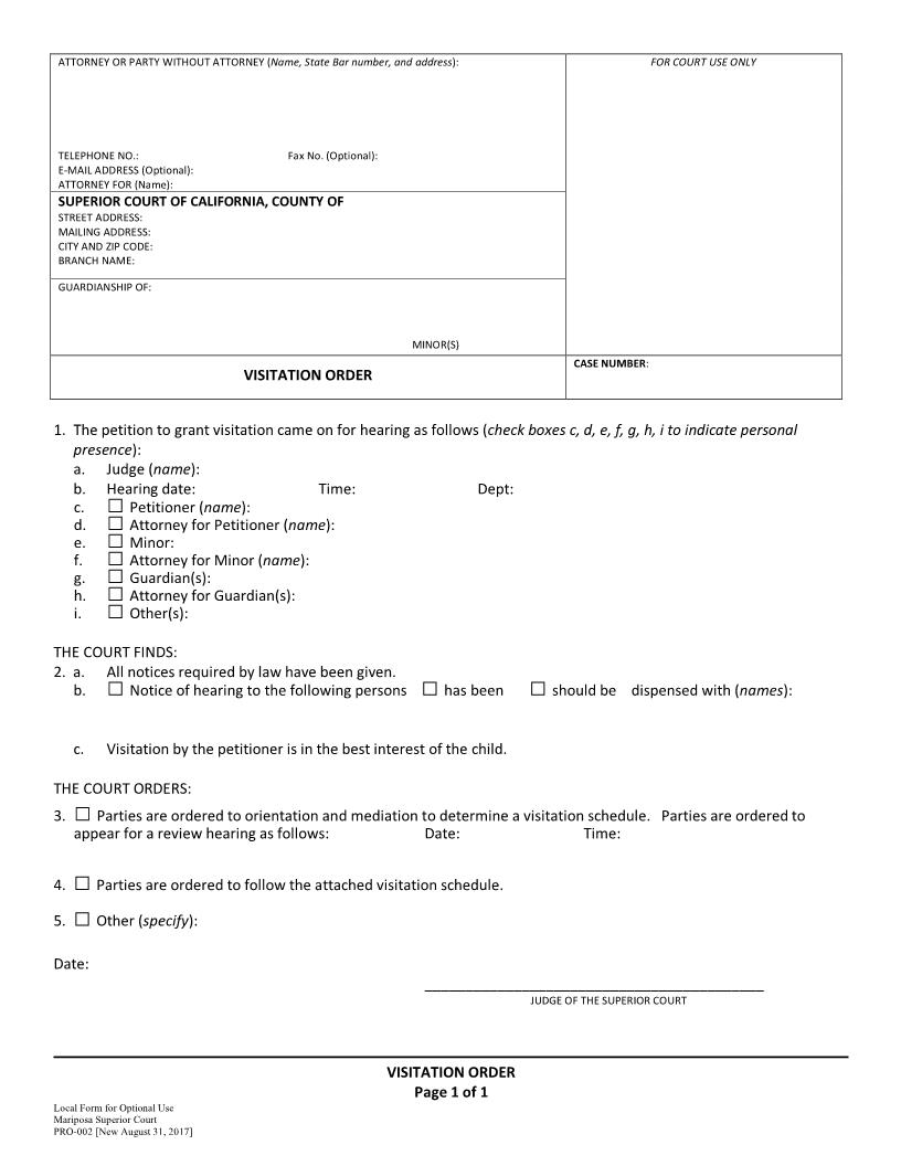 Order For Visitation-Guardianship {PRO-002} | Pdf Fpdf Docx | California