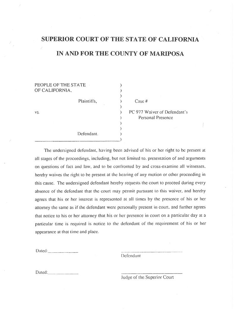 PC 977-Waiver Of Defendants Personal Presence | Pdf Fpdf Docx | California