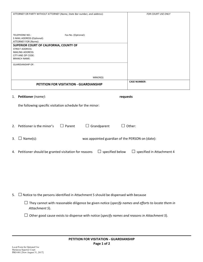 Petition For Visitation-Guardianship {PRO-001} | Pdf Fpdf Docx | California