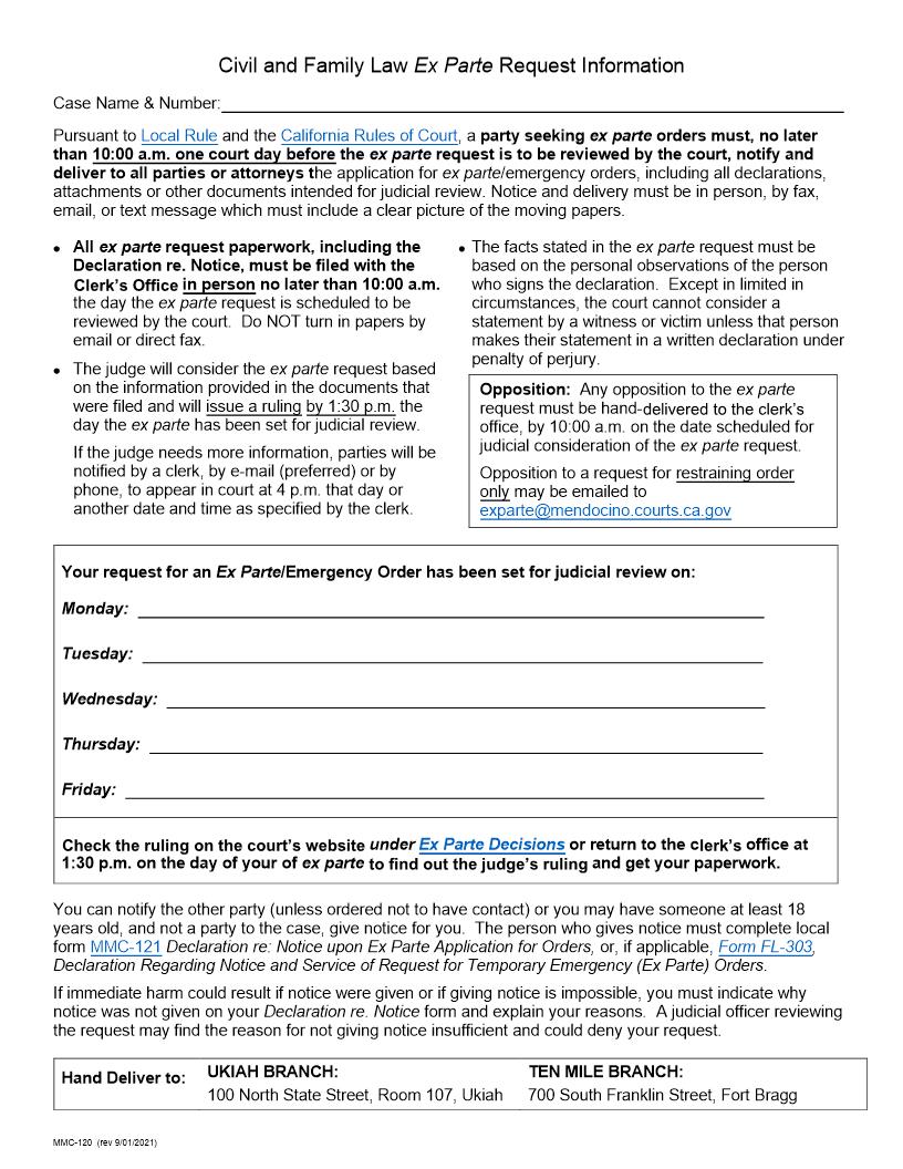 Civil And Family Law Ex Parte Request Information {MMC-120} | Pdf Fpdf Docx | California