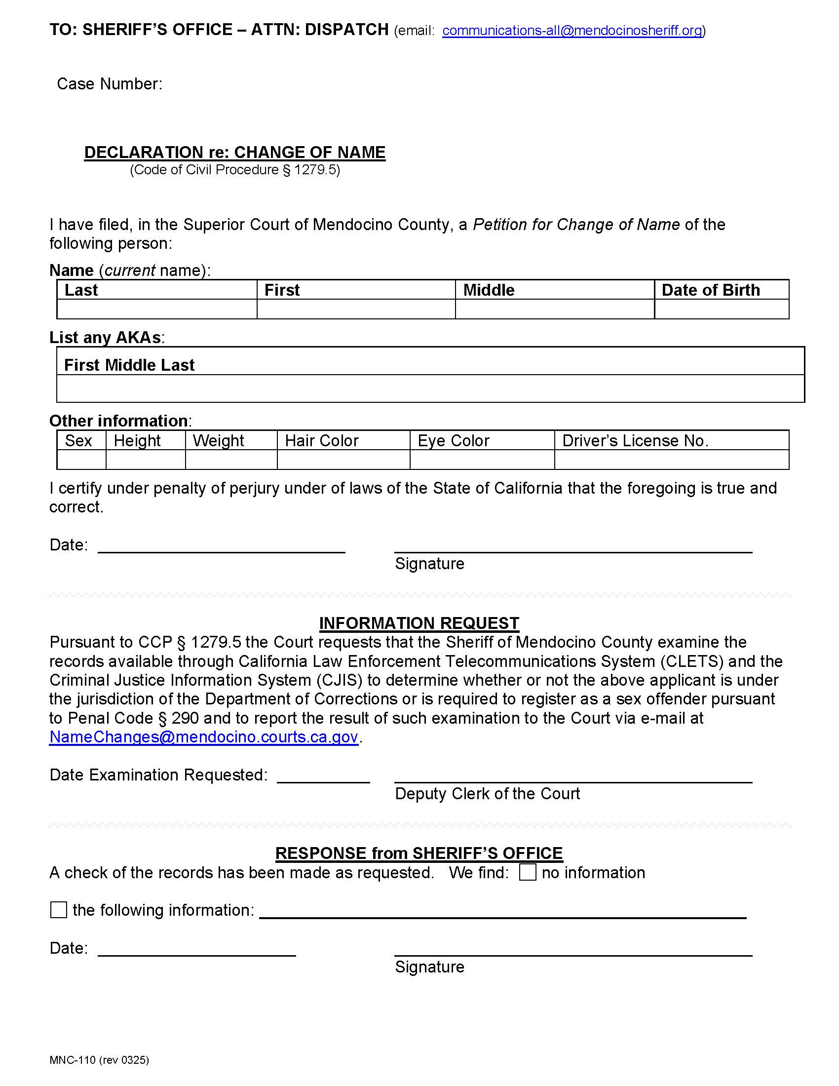 Declaration Re Change Of Name {MNC-110} | Pdf Fpdf Docx | California