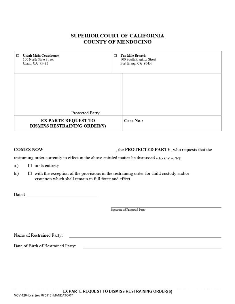 Ex Parte Request To Dismiss Restraining Order(s) (Civil) {MCV-120} | Pdf Fpdf Docx | California