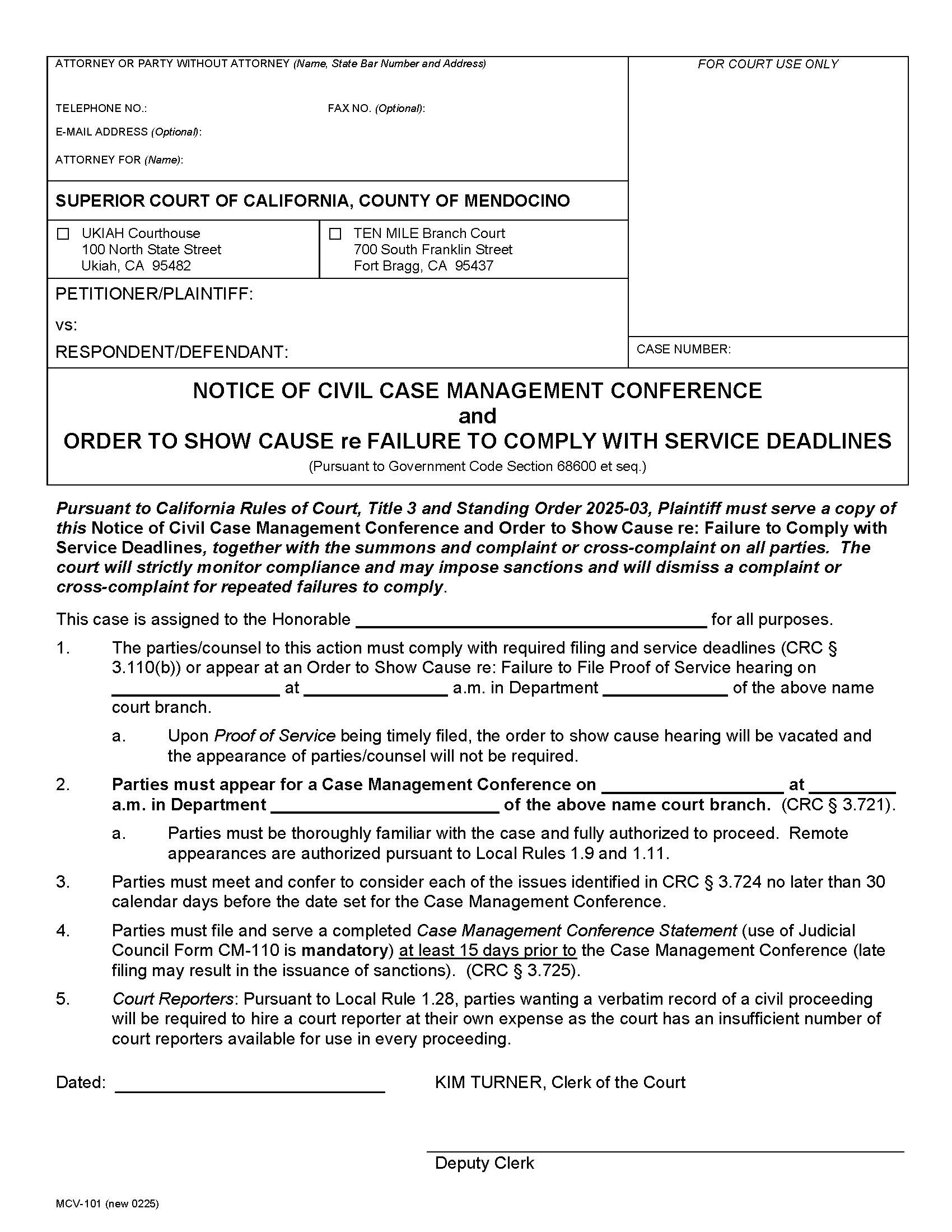 Notice Of Case Management Conference {MCV-101} | Pdf Fpdf Docx | California