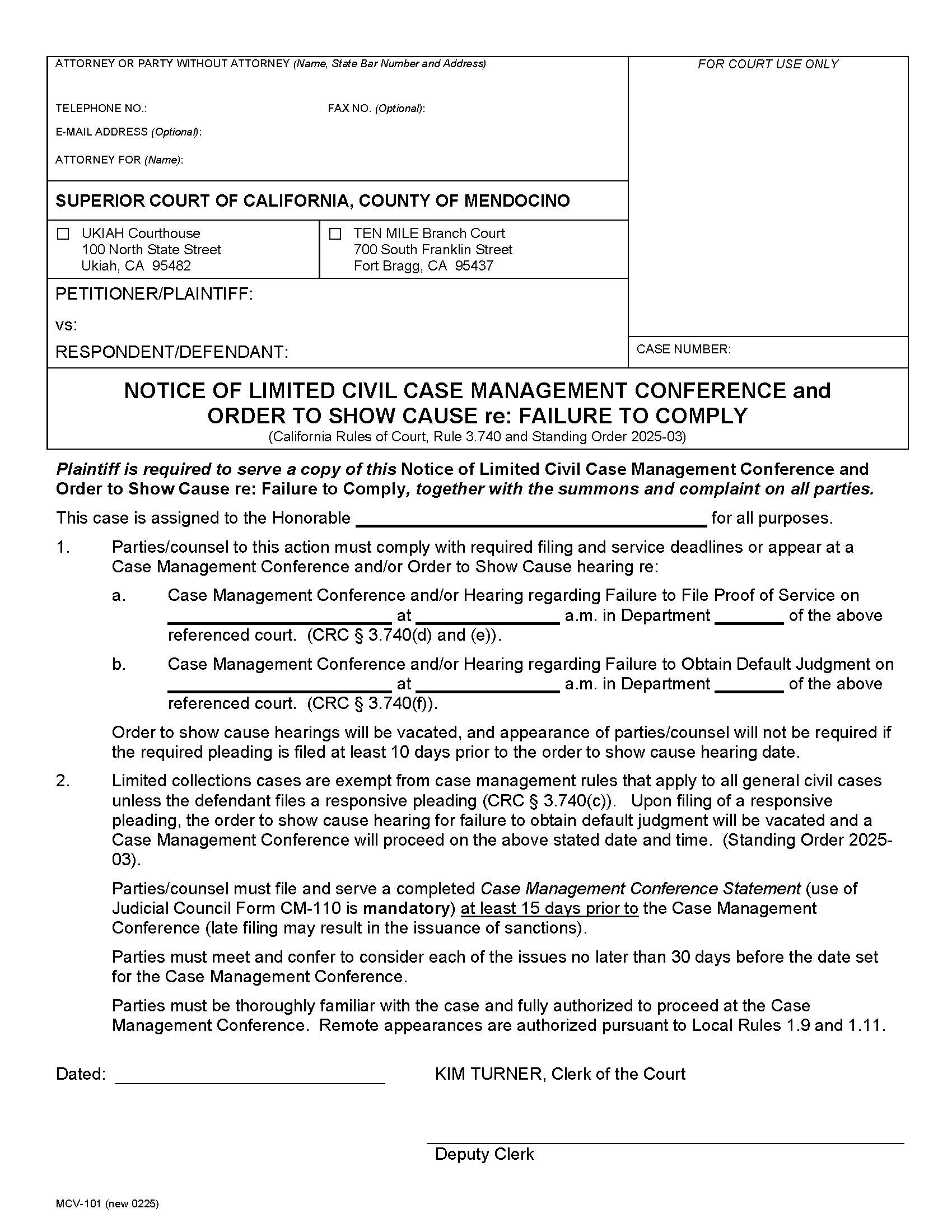 Notice Of Limited Civil Case Management Conference And Order To Show Cause {MCV-102} | Pdf Fpdf Docx | California