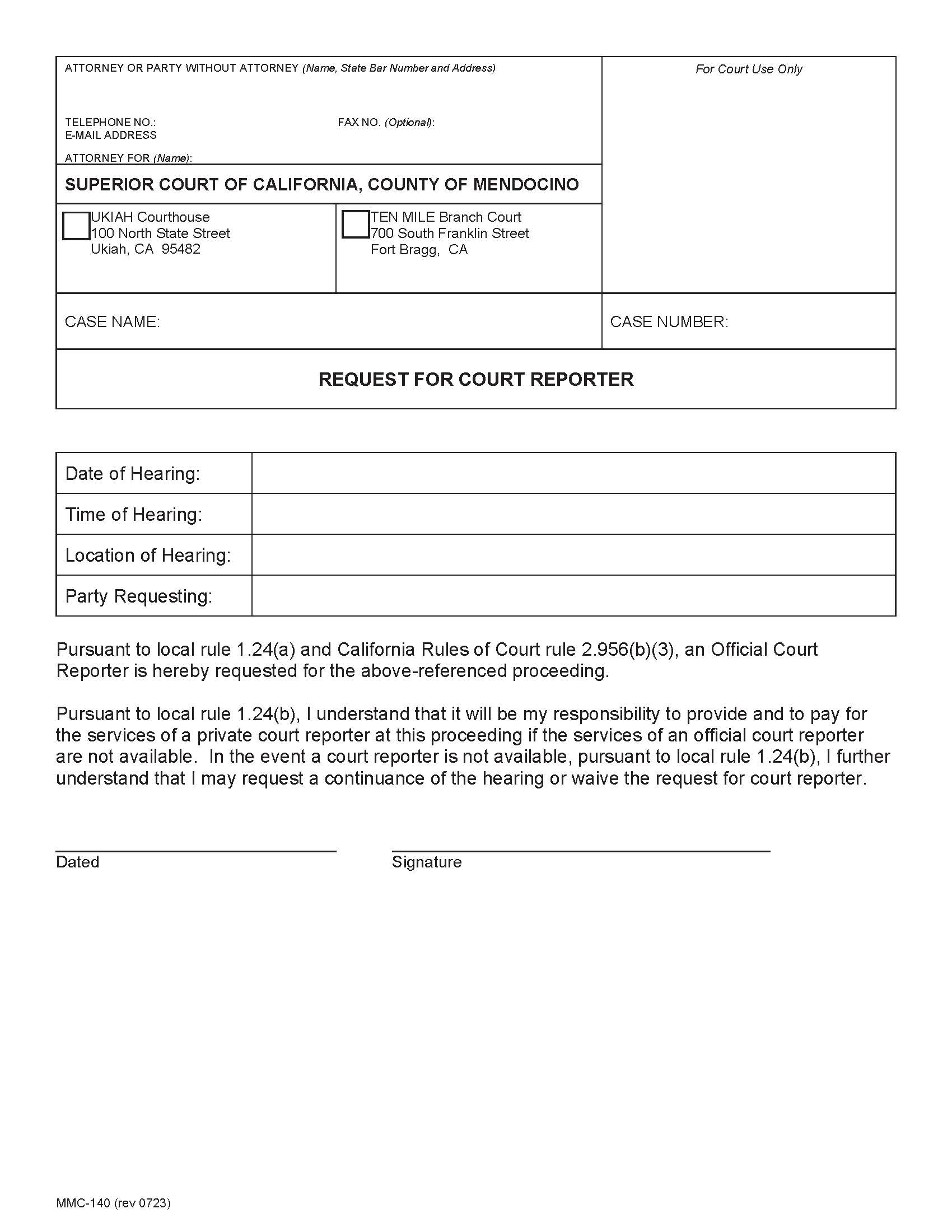 Request For A Court Reporter {MMC-140} | Pdf Fpdf Docx | California