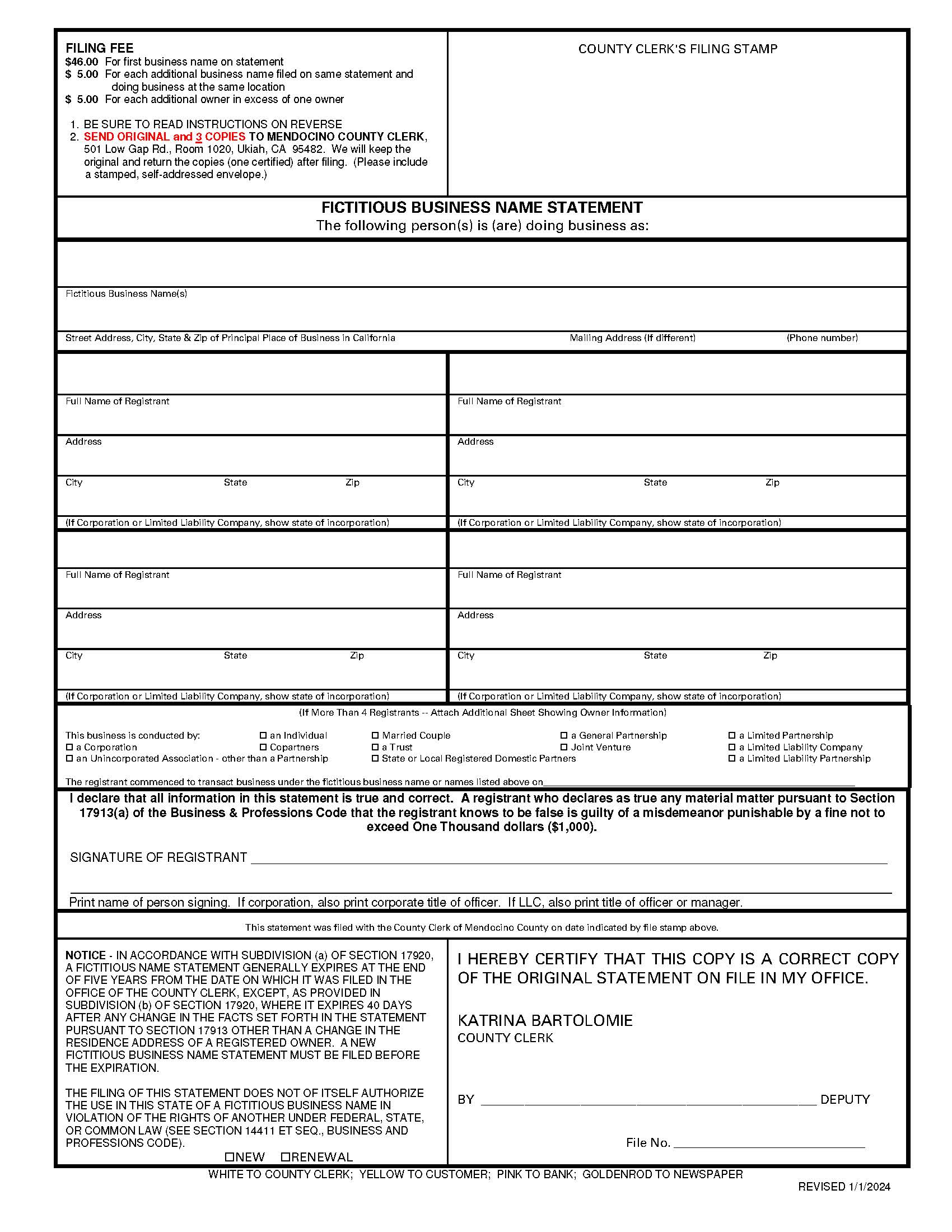 Fictitious Business Name Statement (Mendocino) | Pdf Fpdf Docx | California