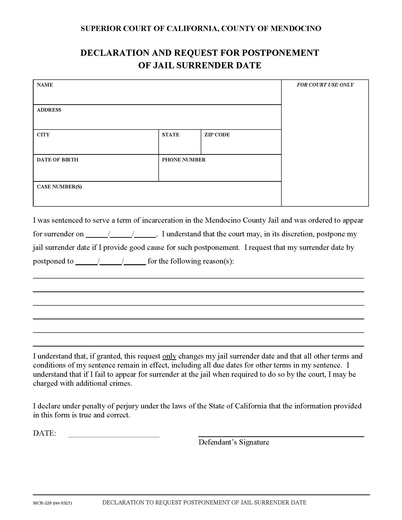 Declaration And Request For Postponement Of Jail Surrender Date {MCR-220} | Pdf Fpdf Docx | California