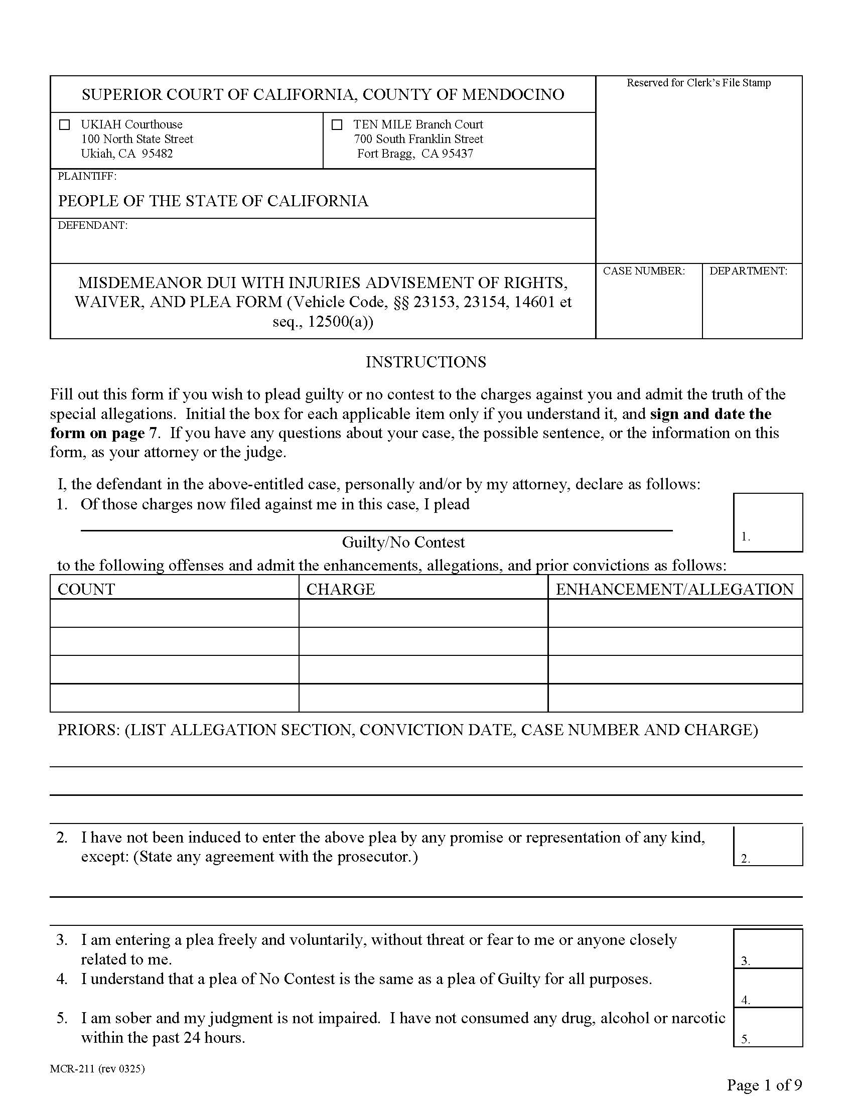 Misdemeanor DUI With Injuries Advisement Of Rights Waiver And Plea Form {MCR-211} | Pdf Fpdf Docx | California