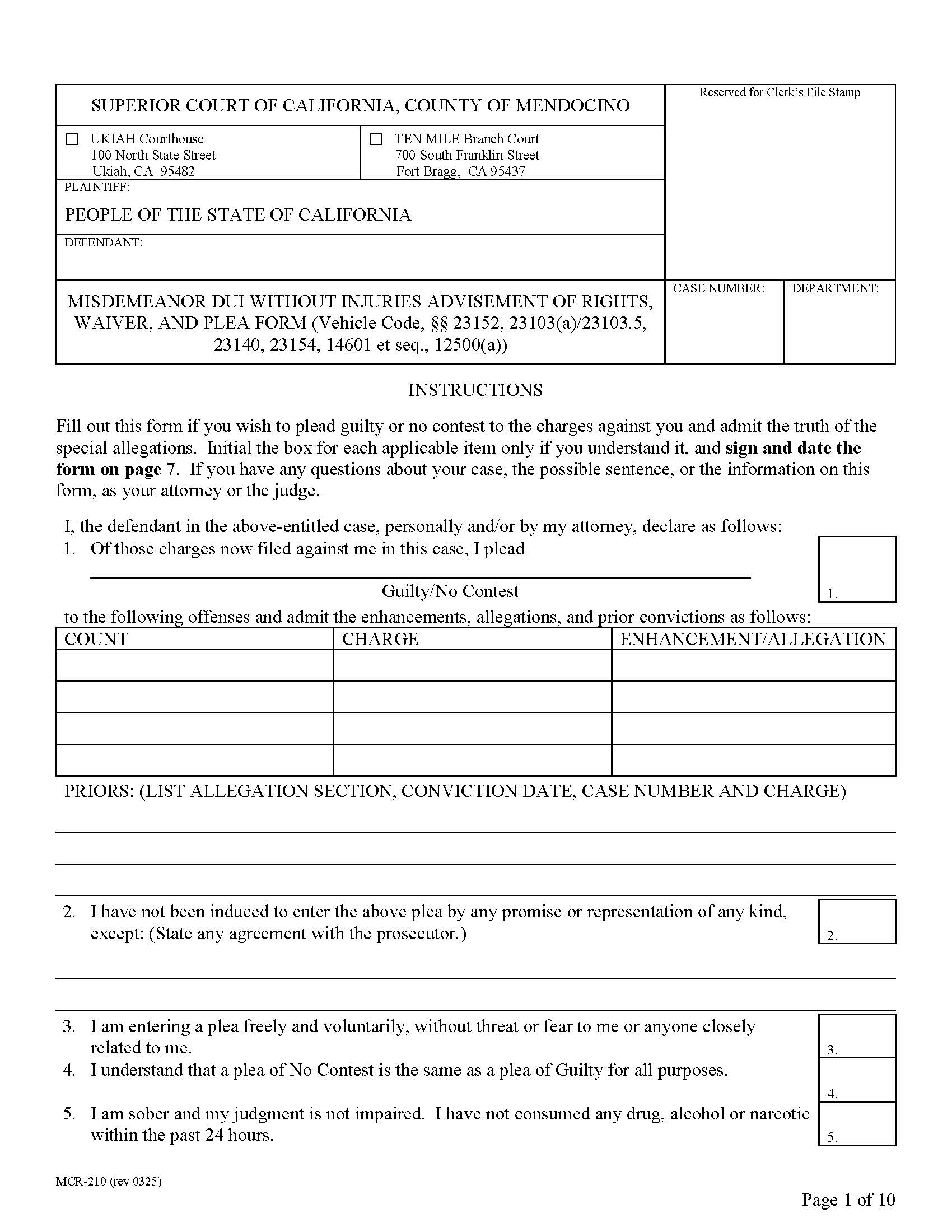 Misdemeanor DUI Without Injuries Advisement Of Rights Waiver And Plea Form {MCR-210} | Pdf Fpdf Docx | California