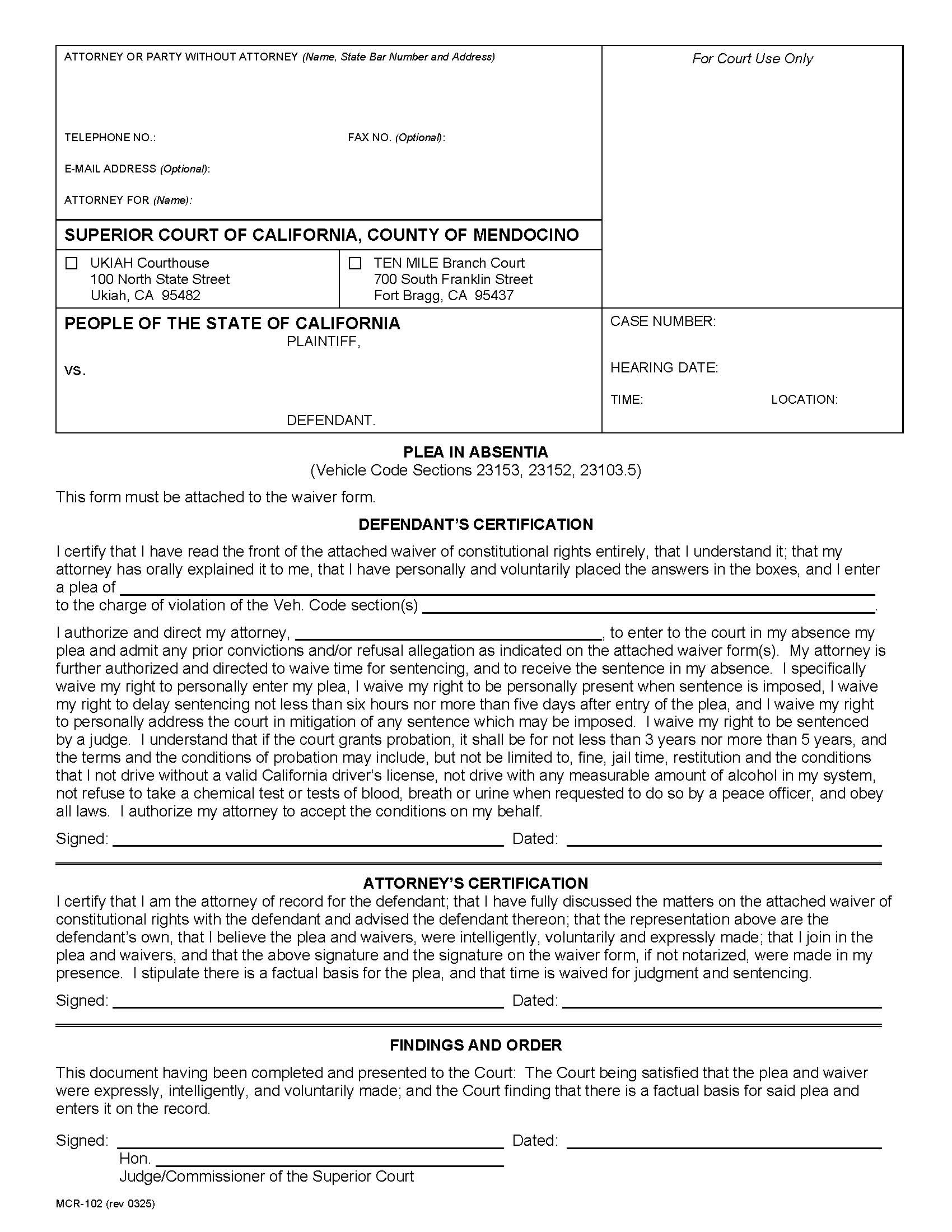 Plea In Absentia (Criminal) {MCR-102} | Pdf Fpdf Docx | California
