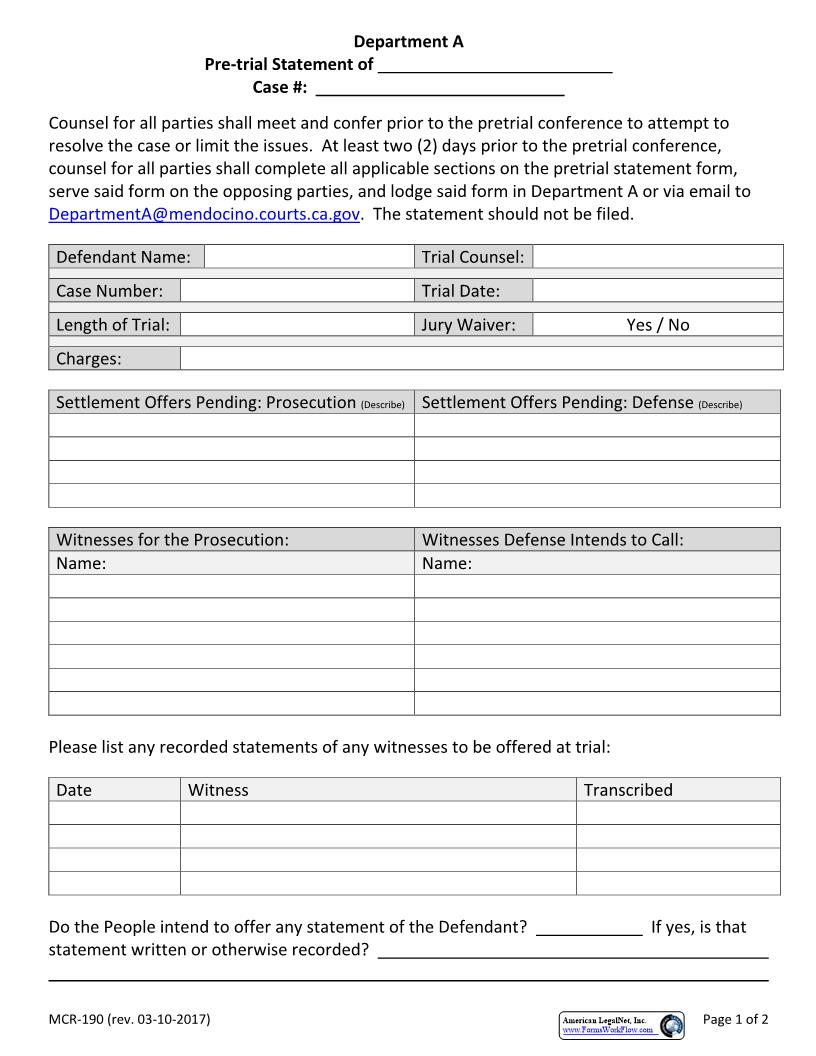 Pretrial Statement {MCR-190} | Pdf Fpdf Docx | California