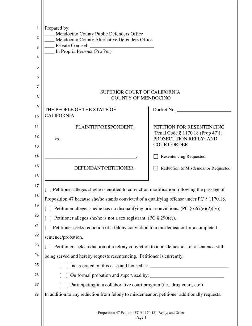 Proposition 47 Petition (PC 1170.18) Reply And Order {Prop47Pet} | Pdf Fpdf Docx | California