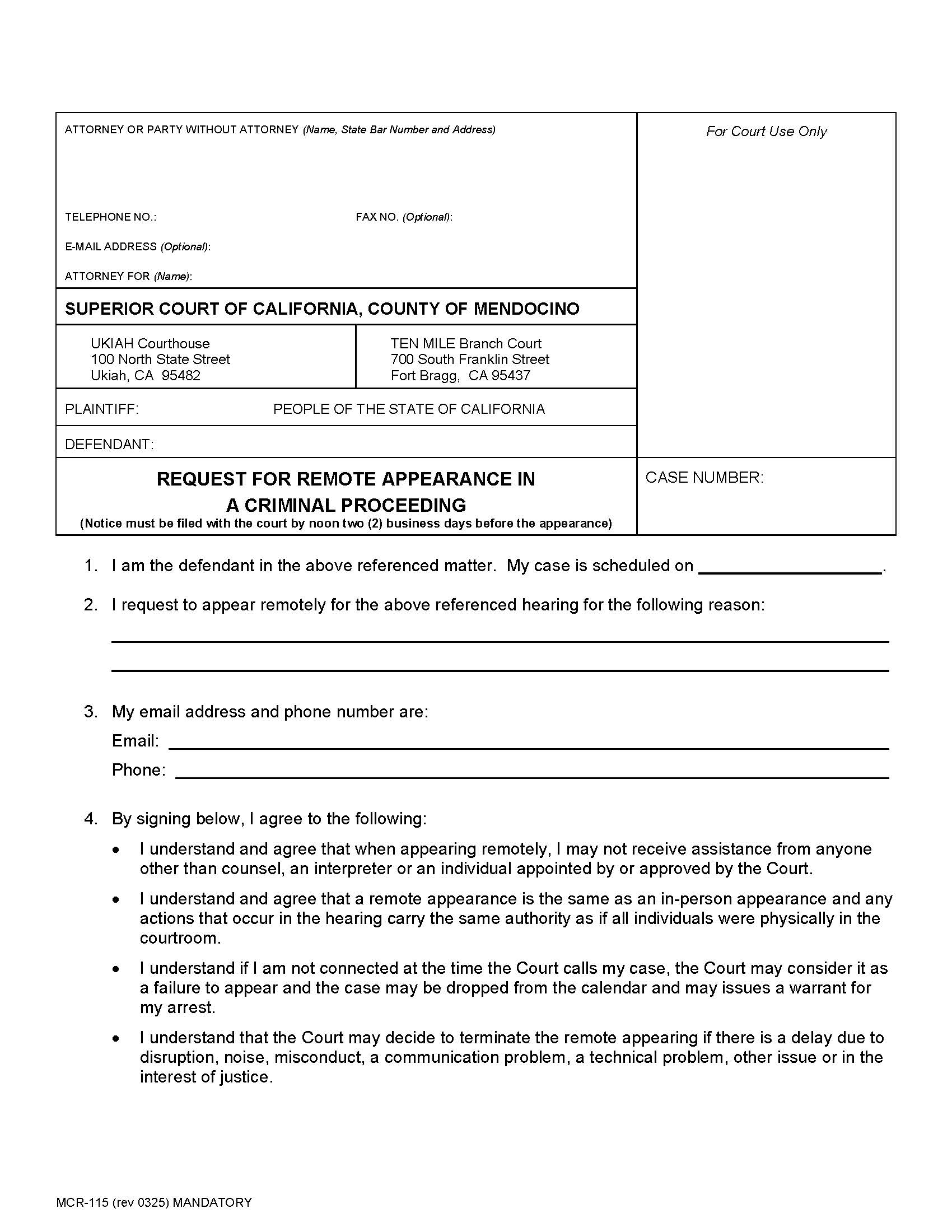 Request For Remote Appearance In A Criminal Proceeding {MCR-115} | Pdf Fpdf Docx | California