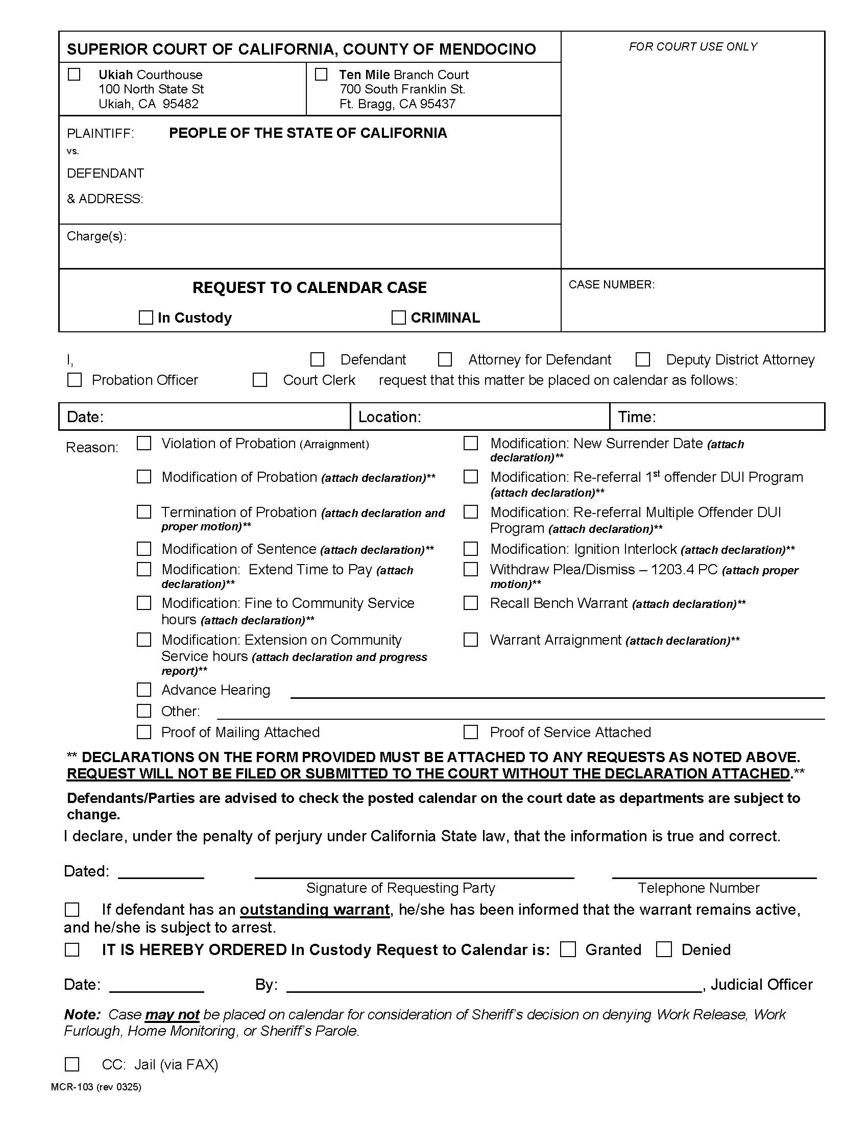 Request To Calendar Case (Criminal) {MCR-103} | Pdf Fpdf Docx | California