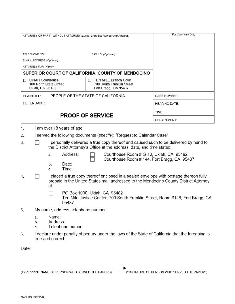 Request To Calendar Case-Proof Of Service {MCR-105} | Pdf Fpdf Docx | California