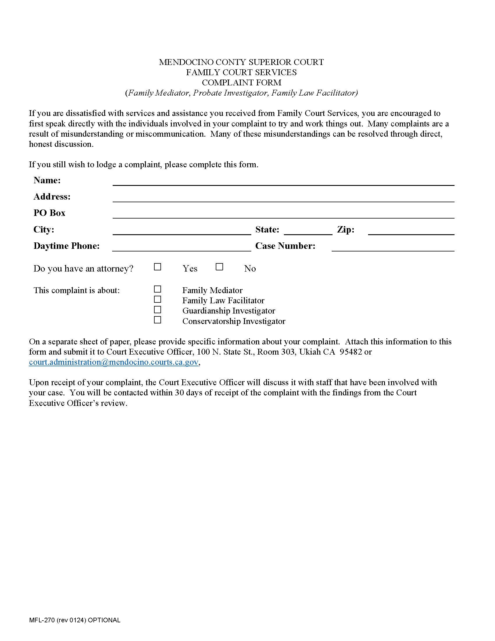 Family Court Services Client Complaint Form {MFL-270} | Pdf Fpdf Docx | California